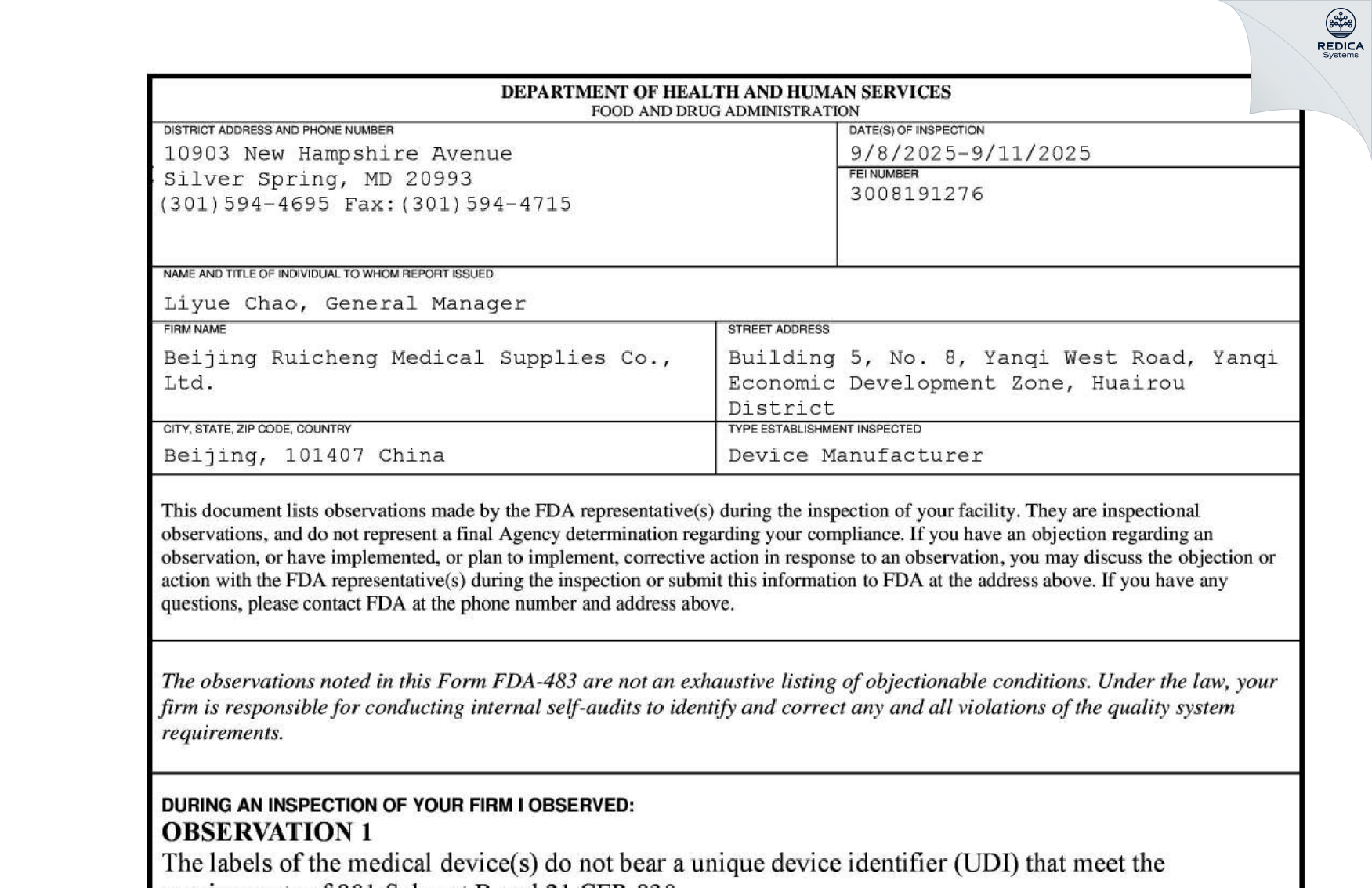 FDA 483 - BEIJING RUICHENG MEDICAL SUPPLIES CO., LTD. [Huairou / China] - Download PDF - Redica Systems