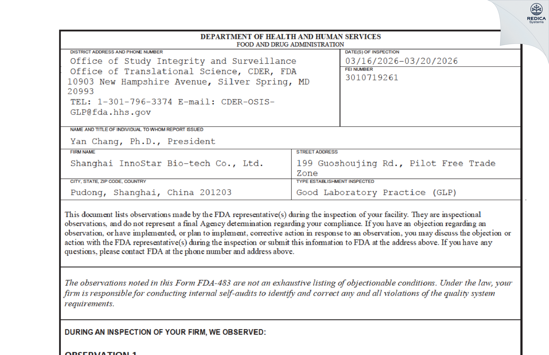 FDA 483 - National Shanghai Center for New Drug Safety Evaluation Ctr [Pudong / China] - Download PDF - Redica Systems