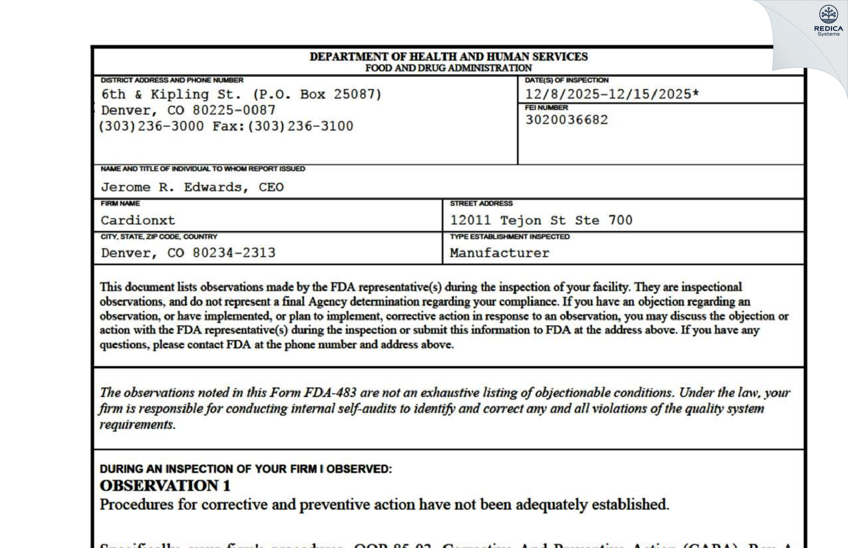 FDA 483 - CARDIONXT [Denver / United States of America] - Download PDF - Redica Systems