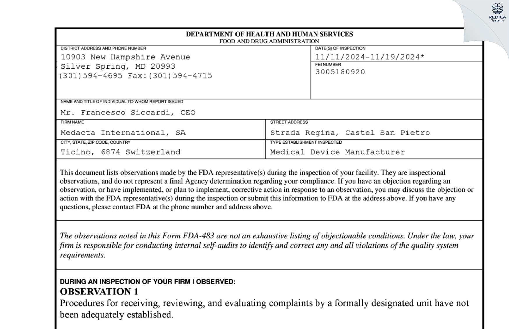 FDA 483 - MEDACTA INTERNATIONAL SA [Castel San Pietro / Switzerland] - Download PDF - Redica Systems