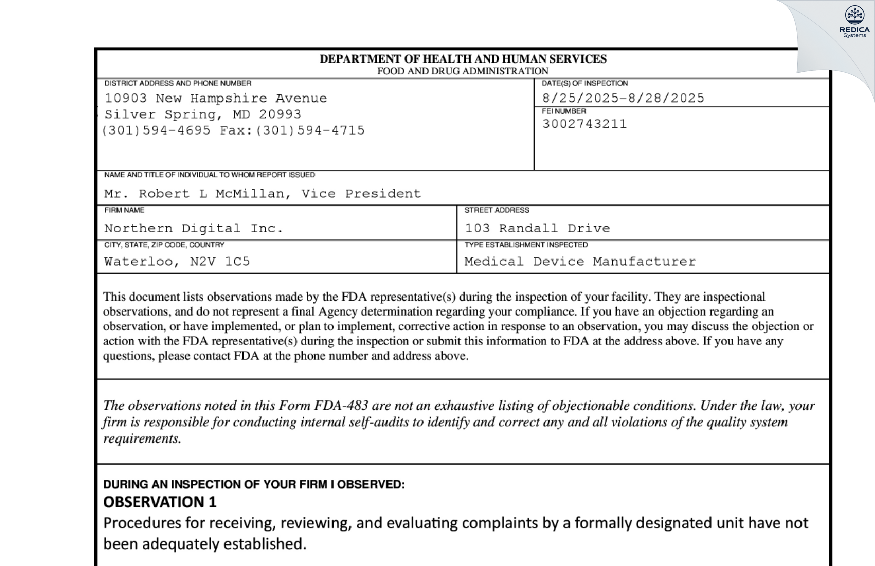 FDA 483 - Northern Digital Inc. [Waterloo / Canada] - Download PDF - Redica Systems