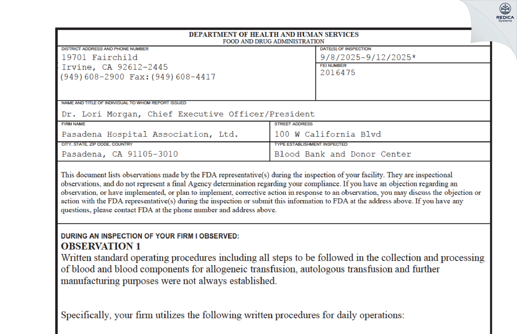 FDA 483 - Pasadena Hospital Association, Ltd. [Pasadena / United States of America] - Download PDF - Redica Systems