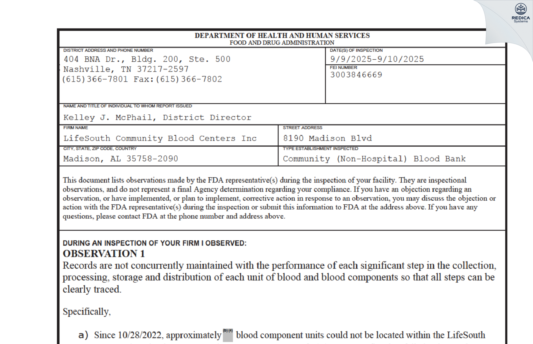 FDA 483 - LifeSouth Community Blood Centers Inc [Madison / United States of America] - Download PDF - Redica Systems