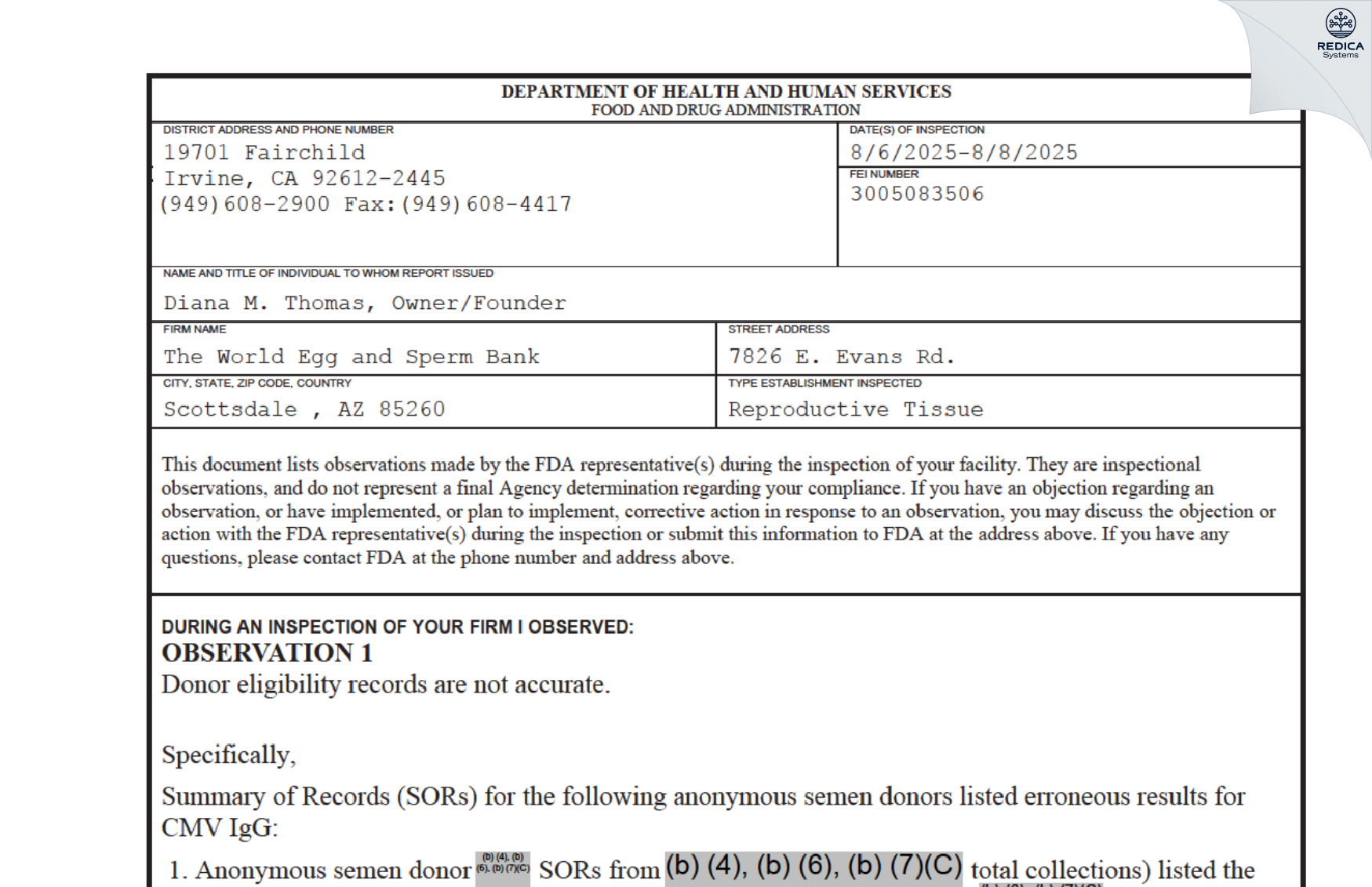 FDA 483 - The World Egg Bank [Phoenix / United States of America] - Download PDF - Redica Systems