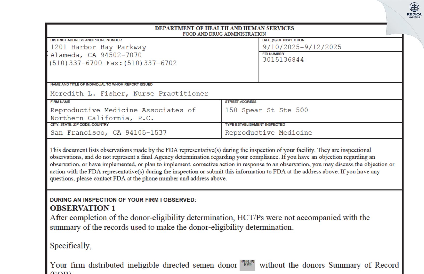 FDA 483 - Reproductive Medicine Associates of Northern California, P.C. [San Francisco / United States of America] - Download PDF - Redica Systems
