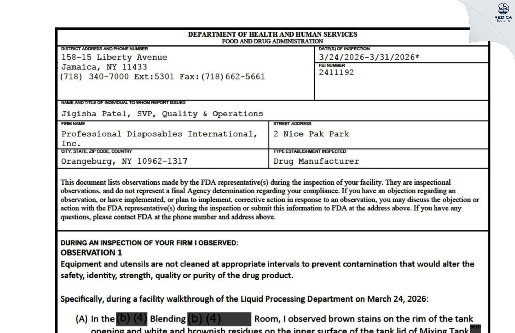 FDA 483 - Professional Disposables International, Inc. [Orangeburg / United States of America] - Download PDF - Redica Systems
