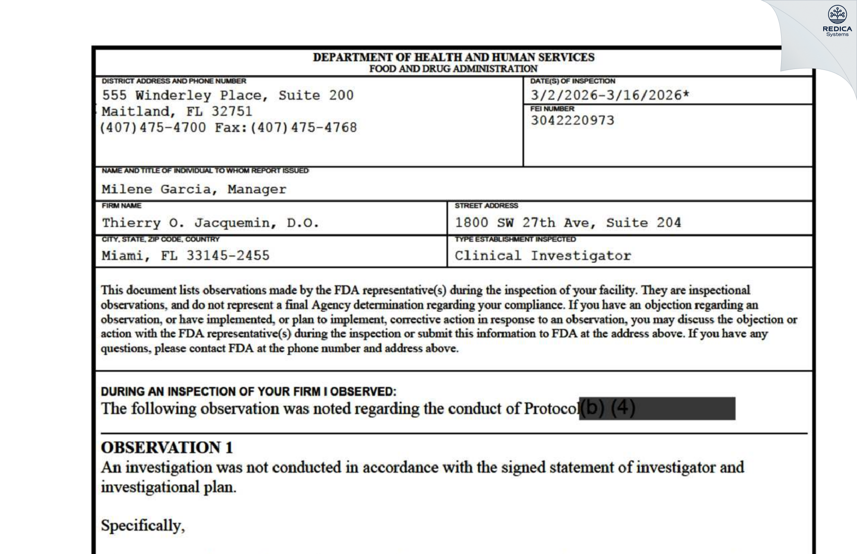 FDA 483 - Thierry O. Jacquemin, D.O. [Miami / United States of America] - Download PDF - Redica Systems