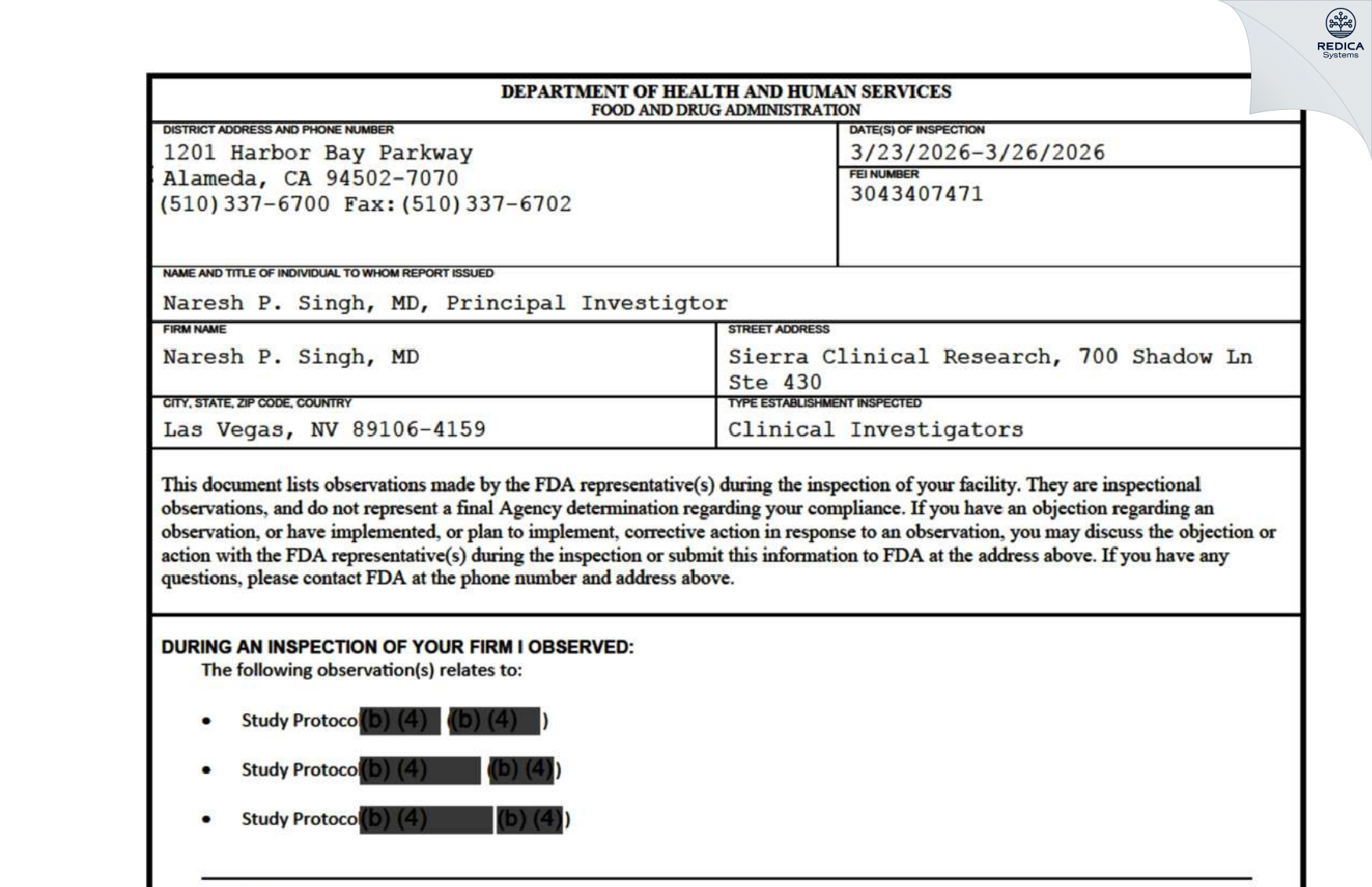 FDA 483 - Naresh P. Singh, MD [Las Vegas / United States of America] - Download PDF - Redica Systems