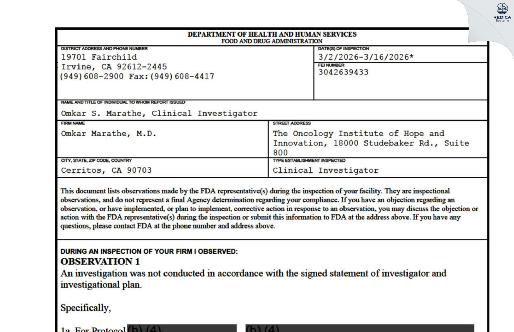 FDA 483 - Omkar Marathe, M.D. [Cerritos / United States of America] - Download PDF - Redica Systems