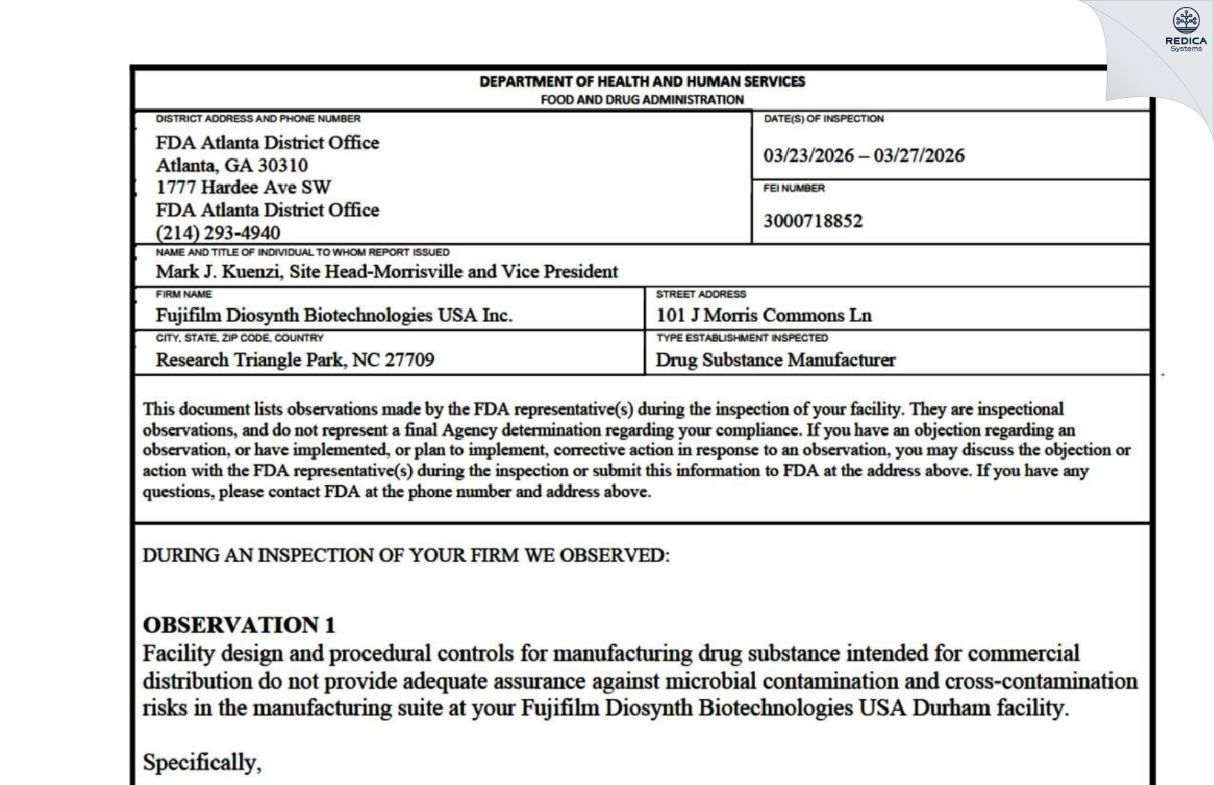 FDA 483 - FUJIFILM Diosynth Biotechnologies U.S.A., Inc [Durham / United States of America] - Download PDF - Redica Systems