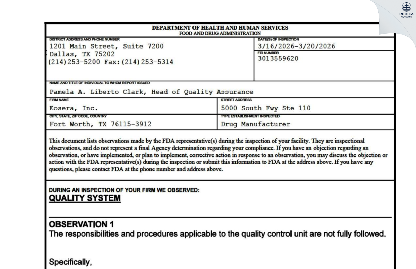 FDA 483 - Eosera Inc [Fort Worth / United States of America] - Download PDF - Redica Systems