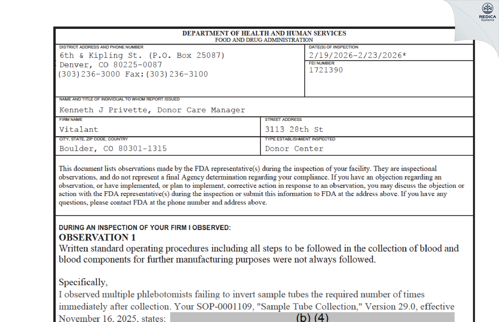 FDA 483 - Vitalant [Boulder / United States of America] - Download PDF - Redica Systems