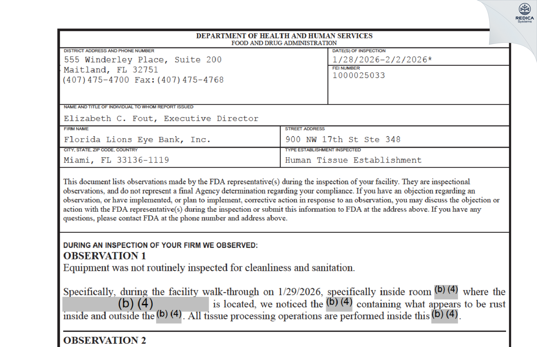 FDA 483 - Florida Lions Eye Bank, Inc. [Miami / United States of America] - Download PDF - Redica Systems