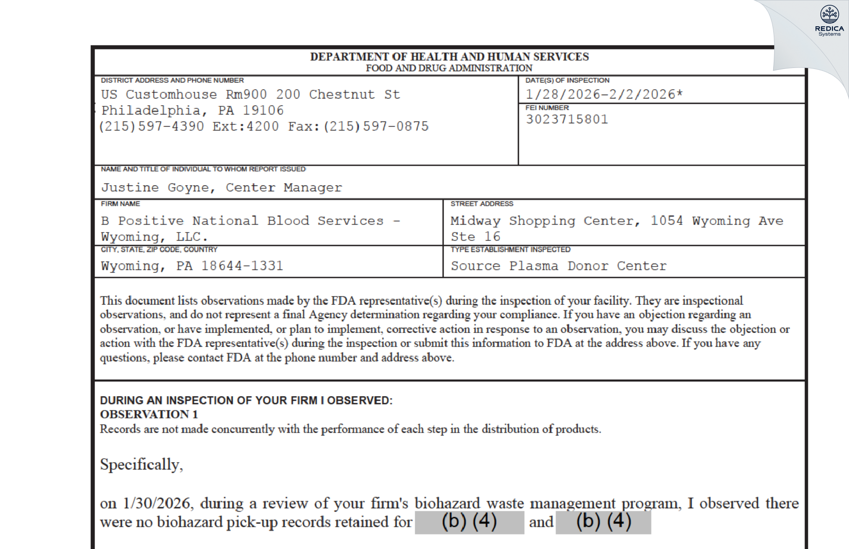 FDA 483 - B Positive National Blood Services - Wyoming, LLC. [Wyoming / United States of America] - Download PDF - Redica Systems