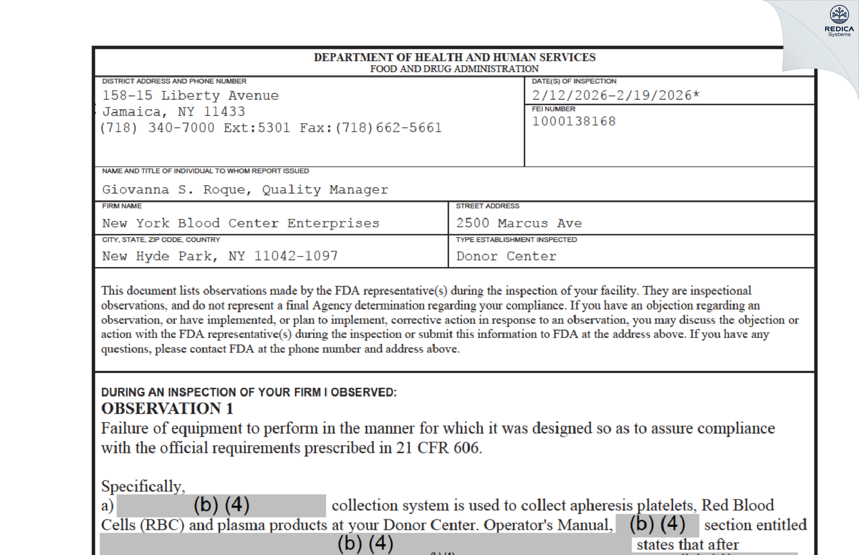 FDA 483 - New York Blood Center Enterprises [New Hyde Park / United States of America] - Download PDF - Redica Systems