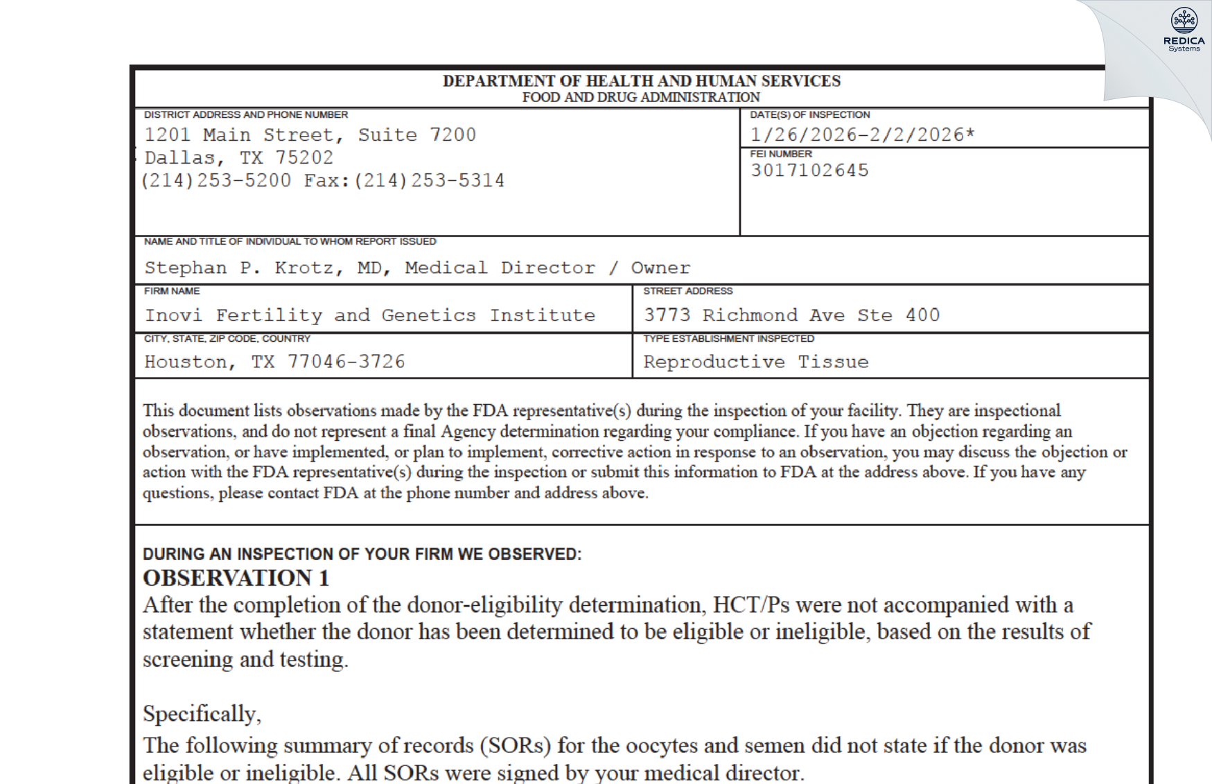 FDA 483 - Inovi Fertility and Genetics Institute [Houston / United States of America] - Download PDF - Redica Systems