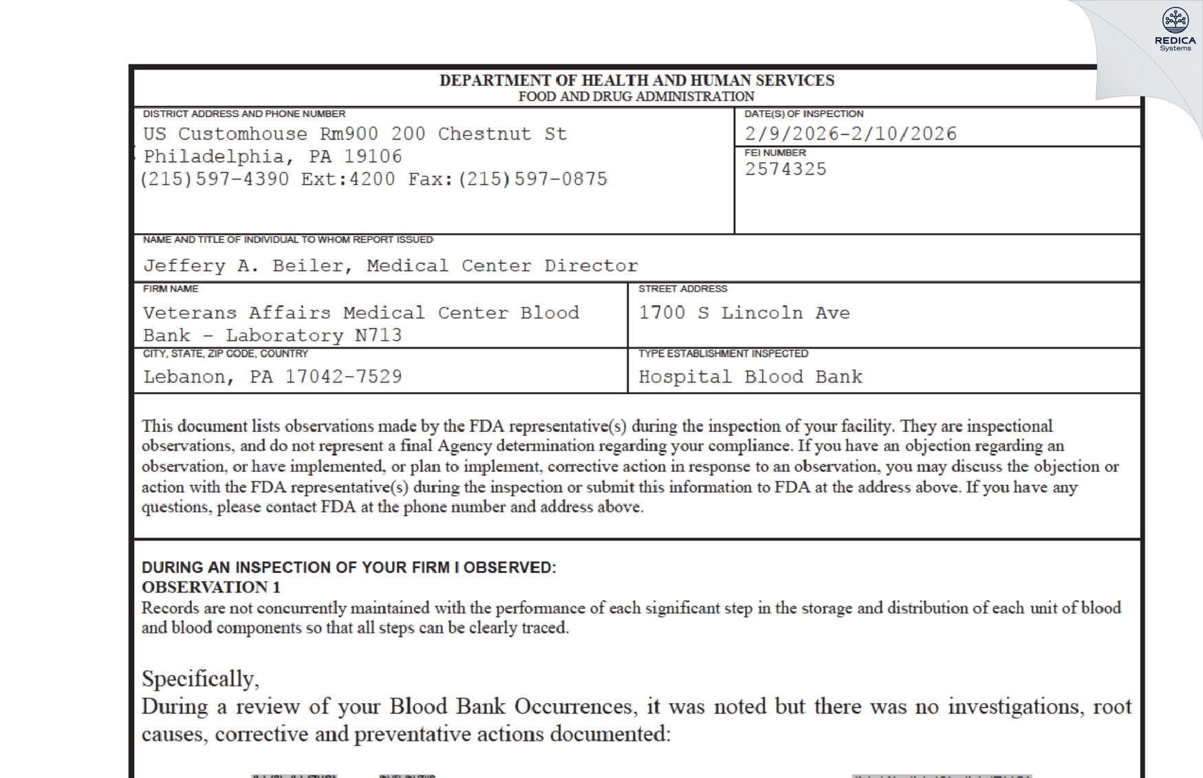 FDA 483 - Department of Veterans Affairs Medical Center [Lebanon / United States of America] - Download PDF - Redica Systems