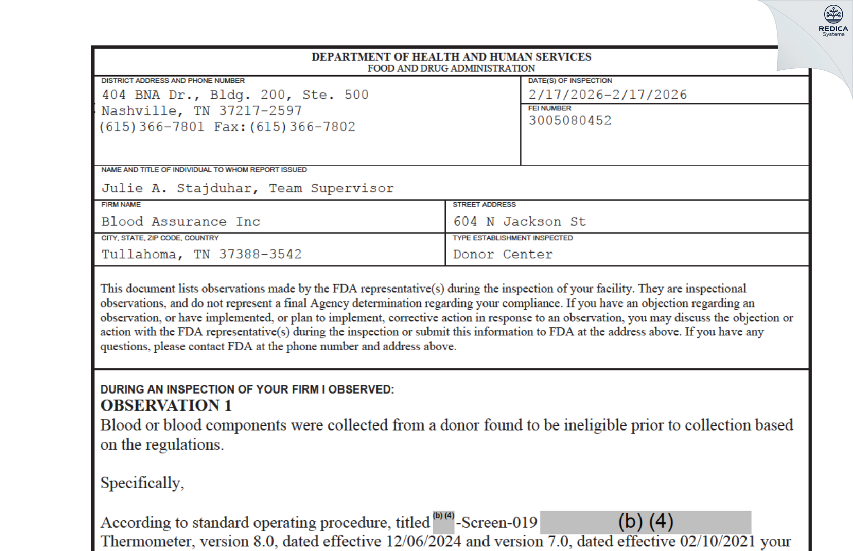 FDA 483 - Blood Assurance Inc [Tullahoma / United States of America] - Download PDF - Redica Systems