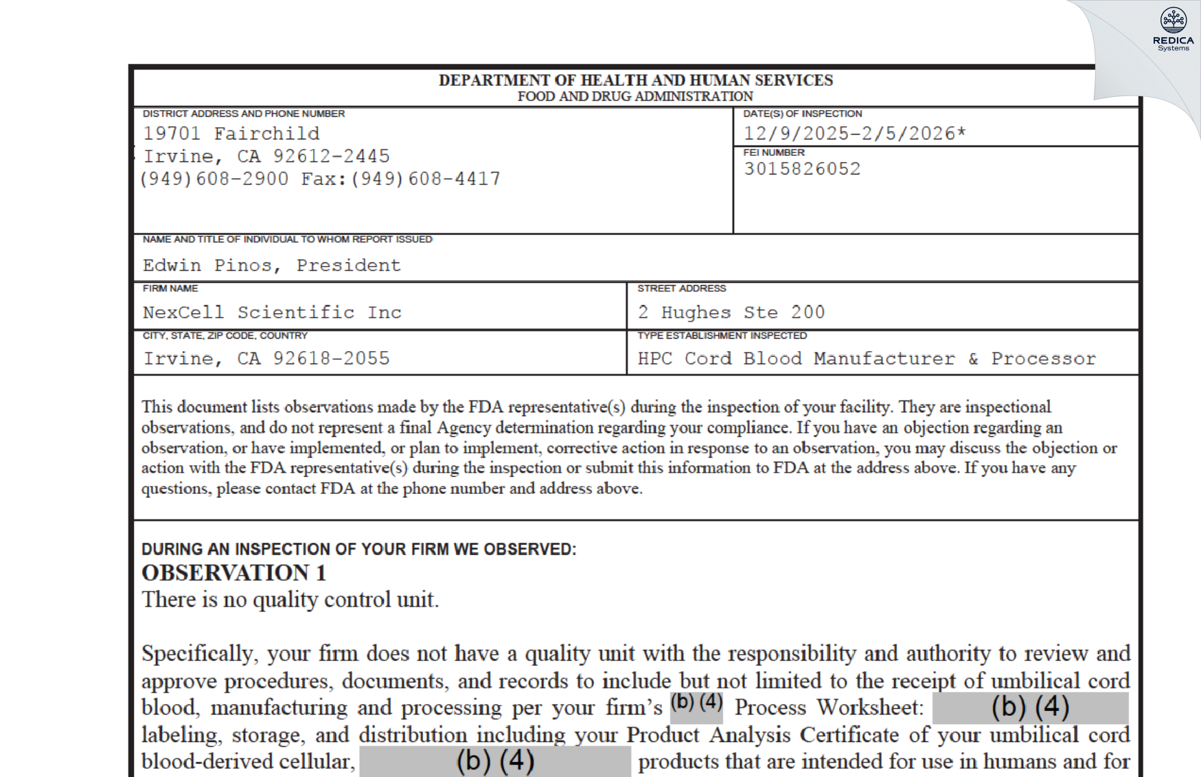 FDA 483 - Nexcell Scientific Inc [Irvine / United States of America] - Download PDF - Redica Systems