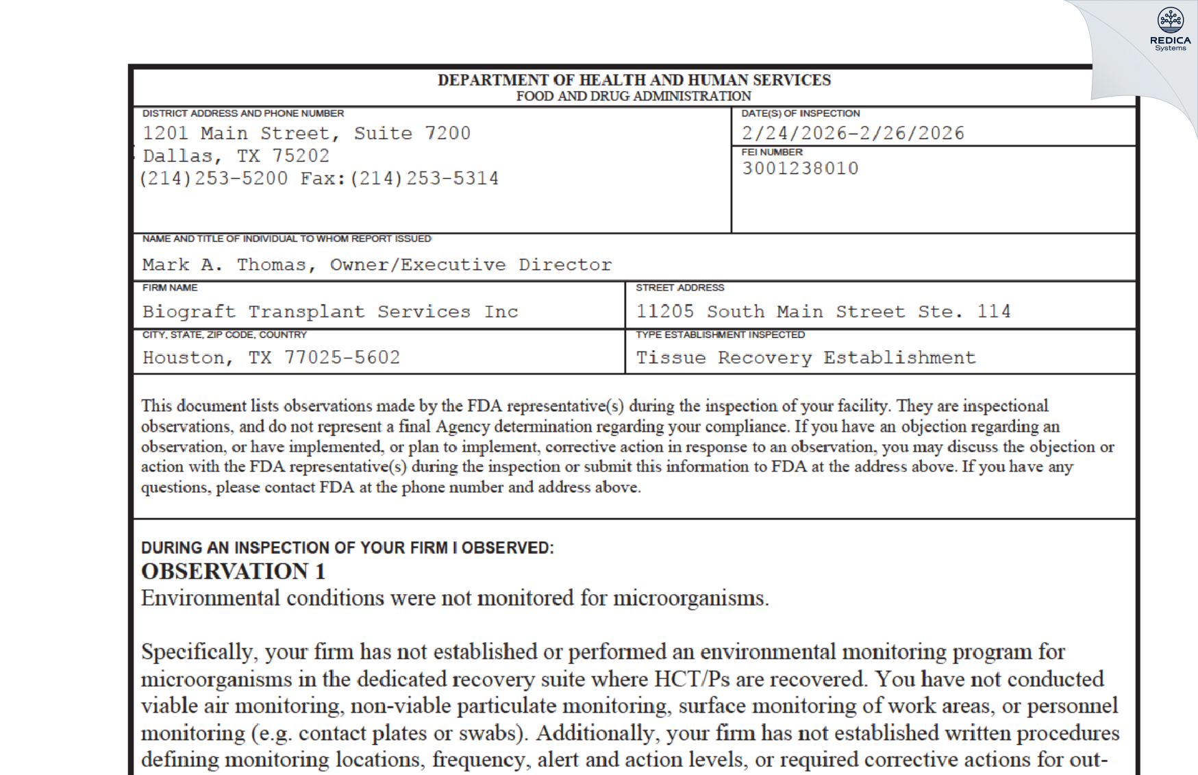 FDA 483 - Biograft Transplant Services Inc [Houston / United States of America] - Download PDF - Redica Systems