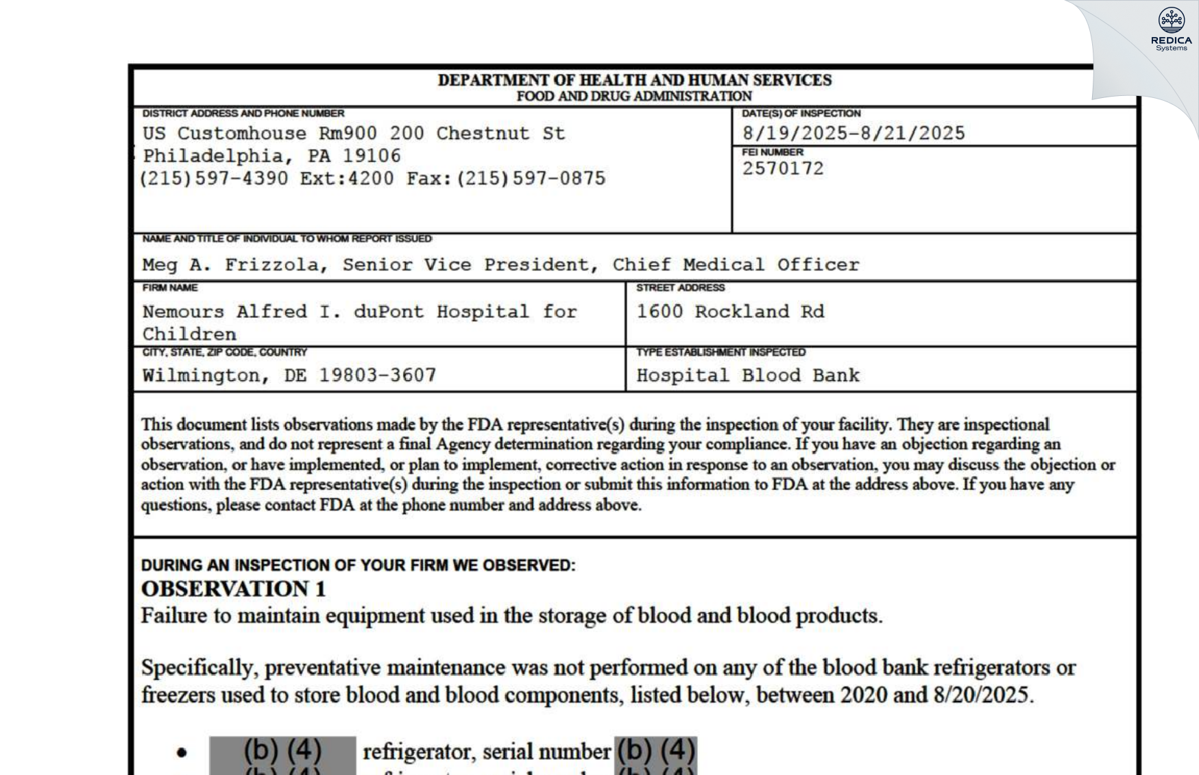 FDA 483 - Nemours Alfred I. duPont Hospital for Children [Wilmington / United States of America] - Download PDF - Redica Systems