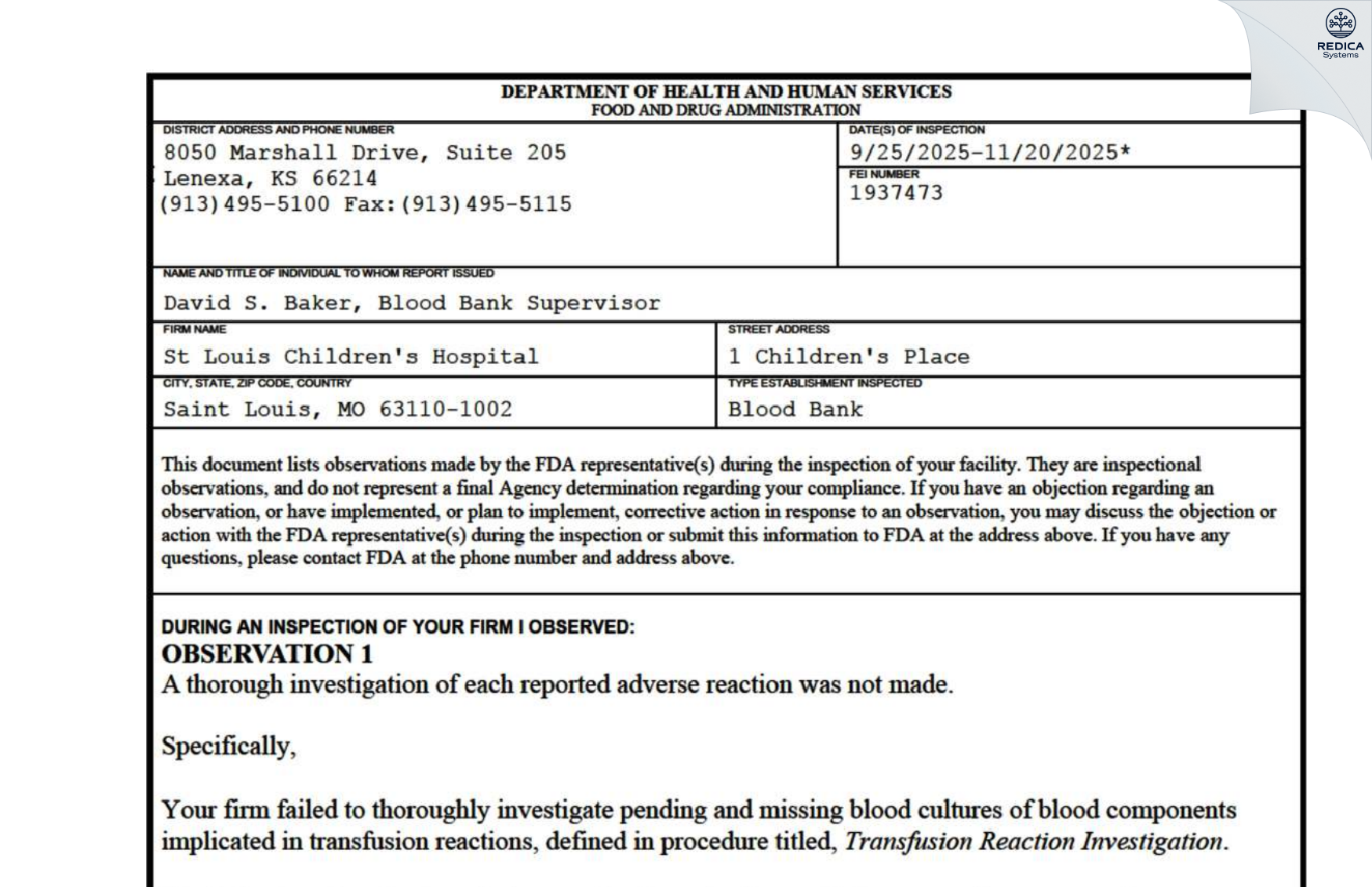 FDA 483 - St Louis Children's Hospital [Saint Louis / United States of America] - Download PDF - Redica Systems