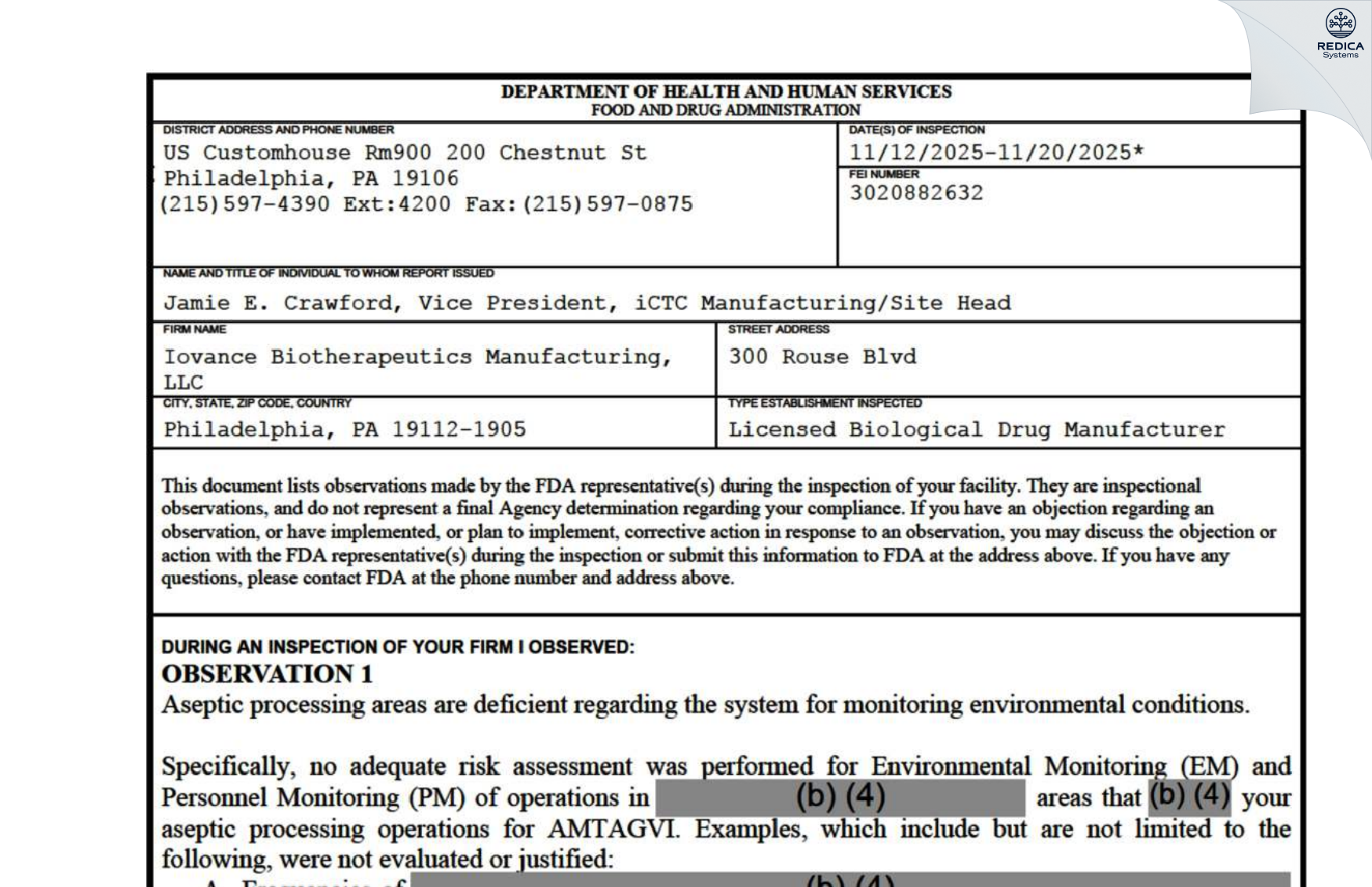 FDA 483 - Iovance Biotherapeutics Manufacturing LLC [Philadelphia / United States of America] - Download PDF - Redica Systems