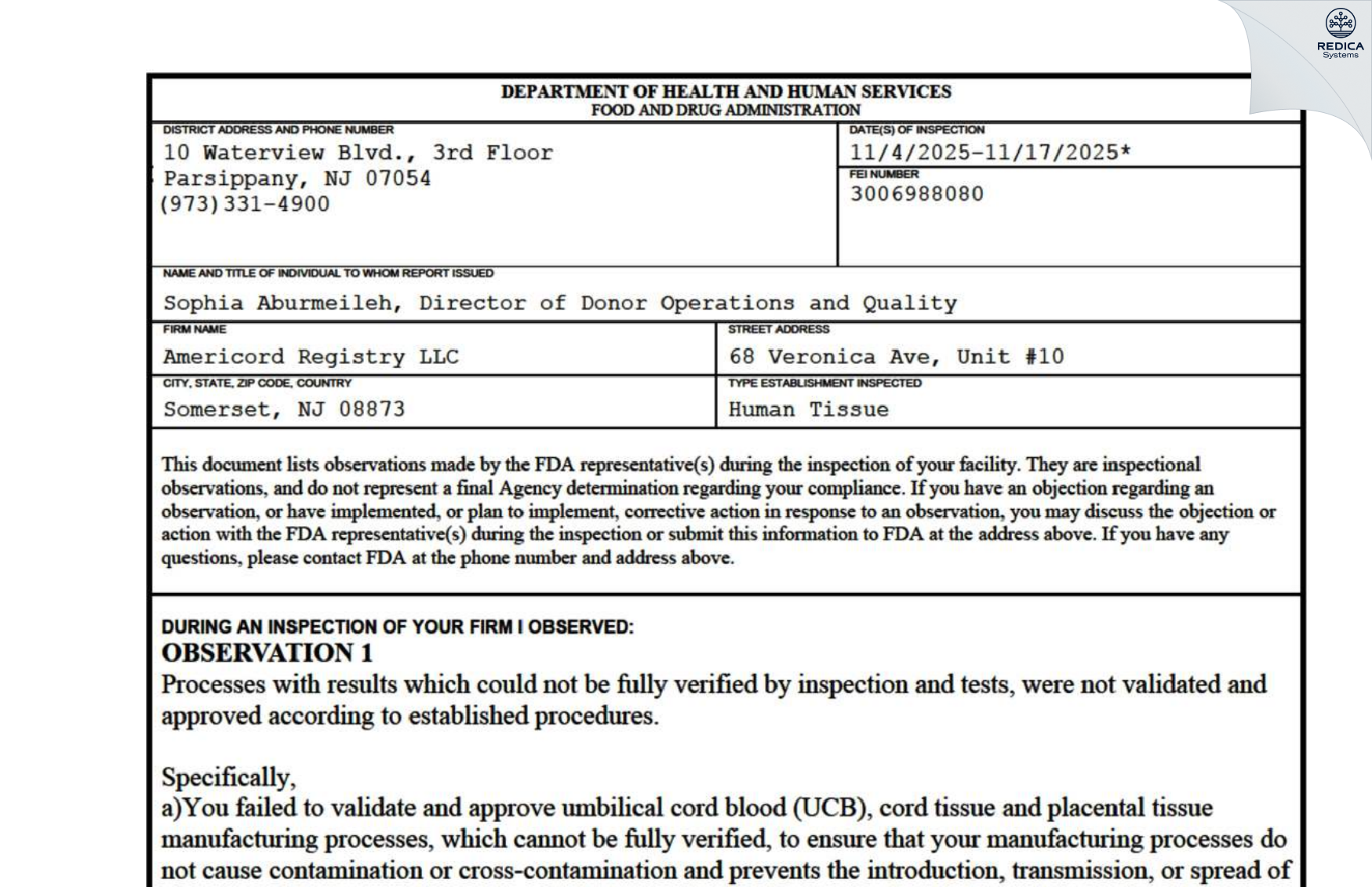 FDA 483 - Americord Registry LLC [New York / United States of America] - Download PDF - Redica Systems