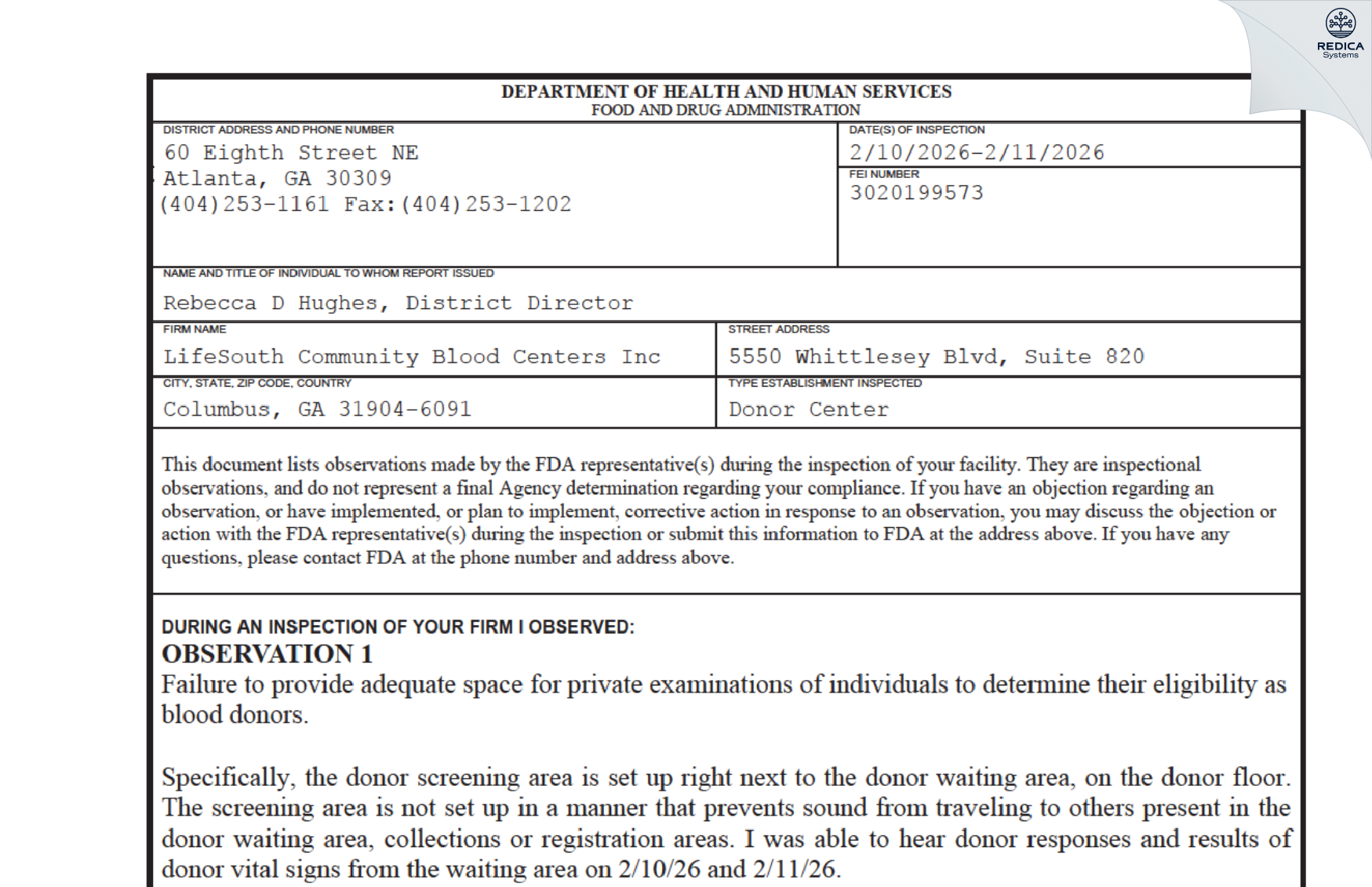 FDA 483 - LifeSouth Community Blood Centers Inc [Columbus / United States of America] - Download PDF - Redica Systems