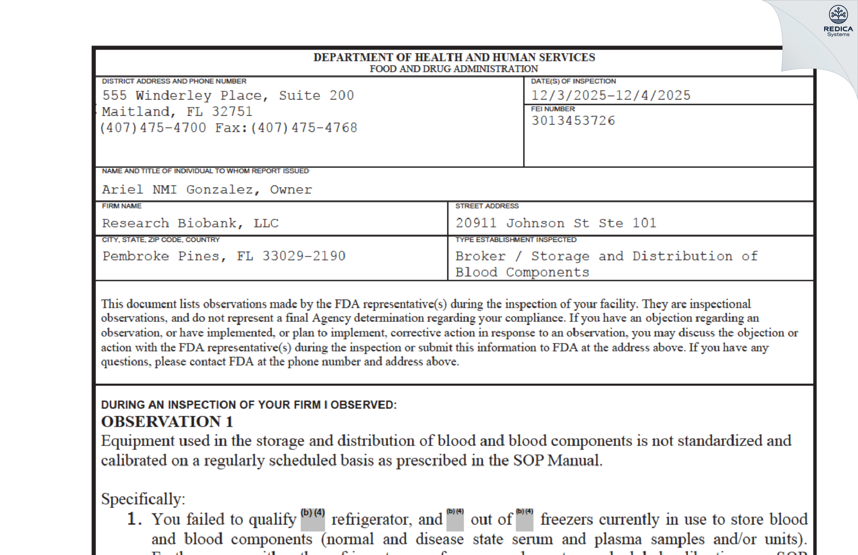 FDA 483 - Research Biobank [Pembroke Pines / United States of America] - Download PDF - Redica Systems