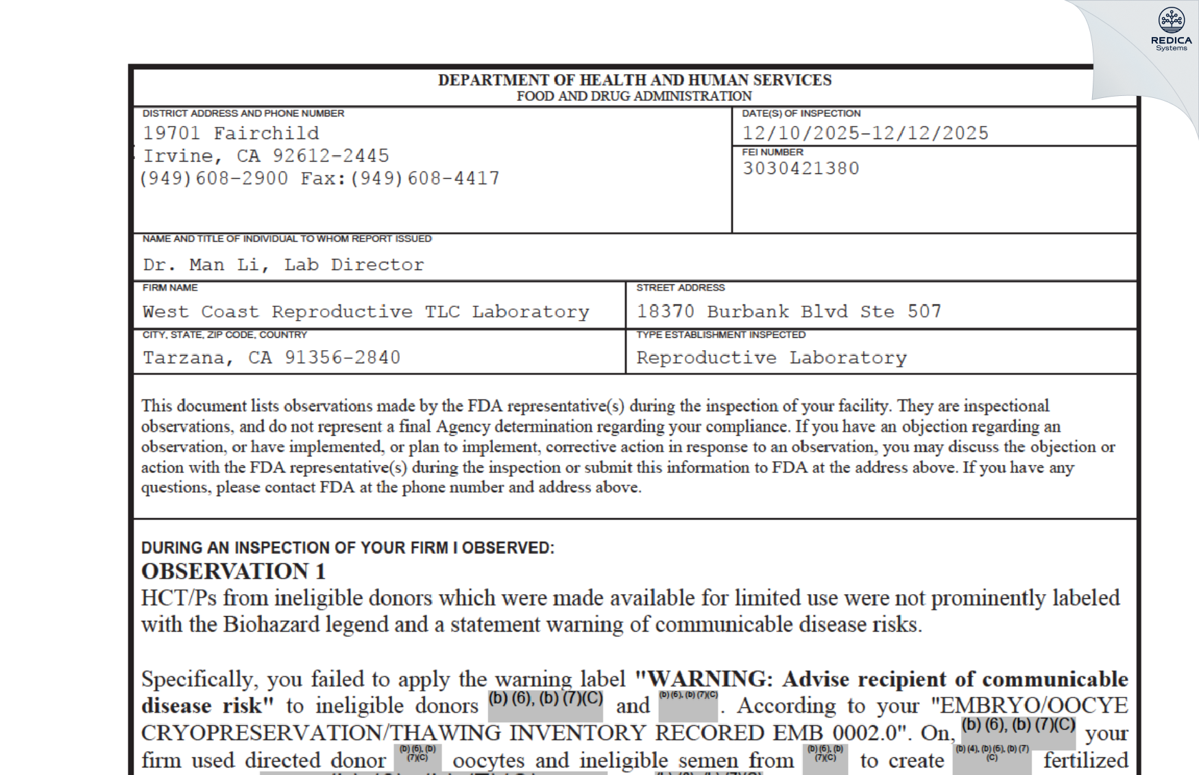 FDA 483 - West Coast Reproductive TLC Laboratory [Tarzana / United States of America] - Download PDF - Redica Systems