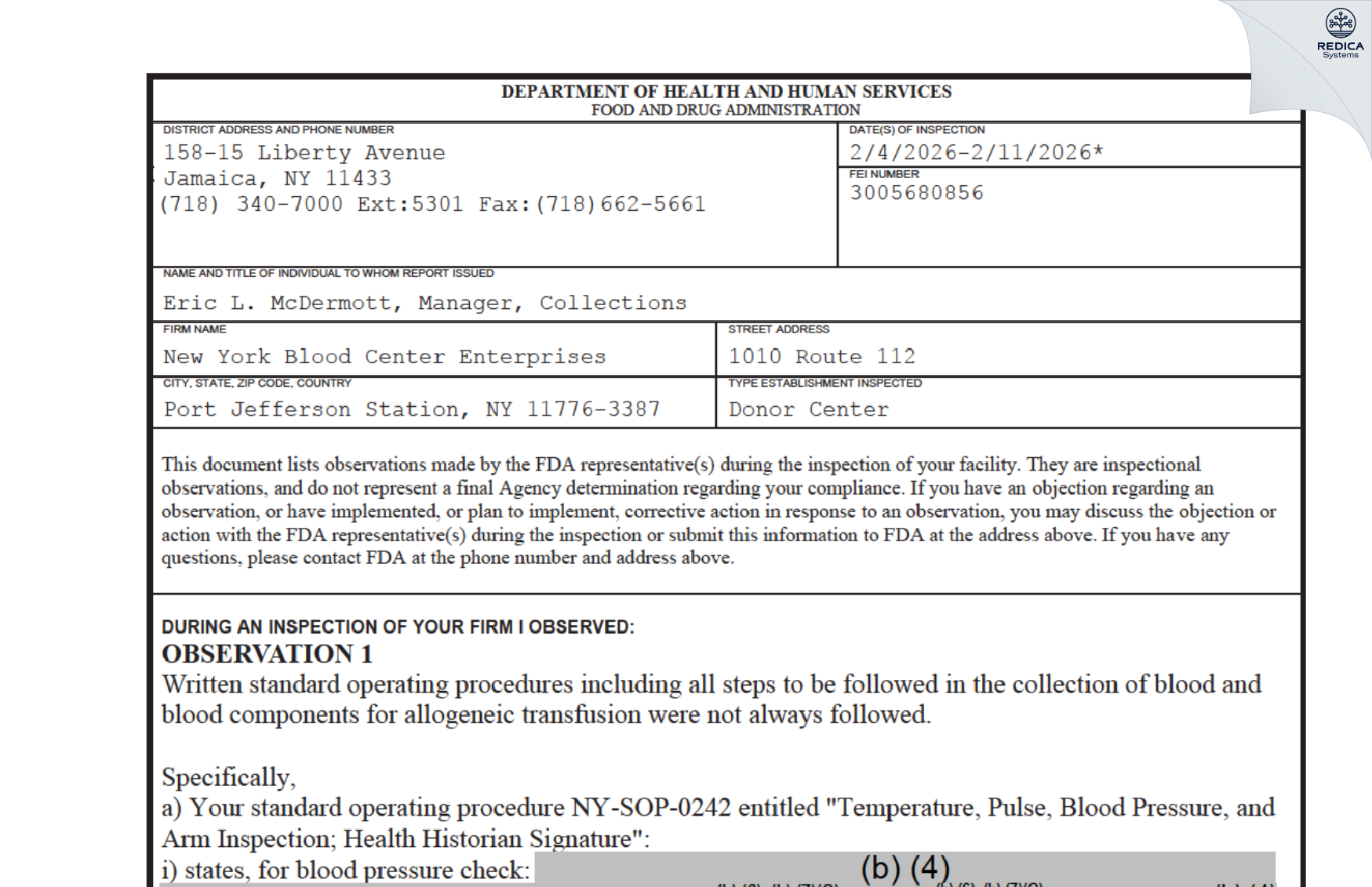 FDA 483 - New York Blood Center Enterprises [Port Jefferson Station / United States of America] - Download PDF - Redica Systems