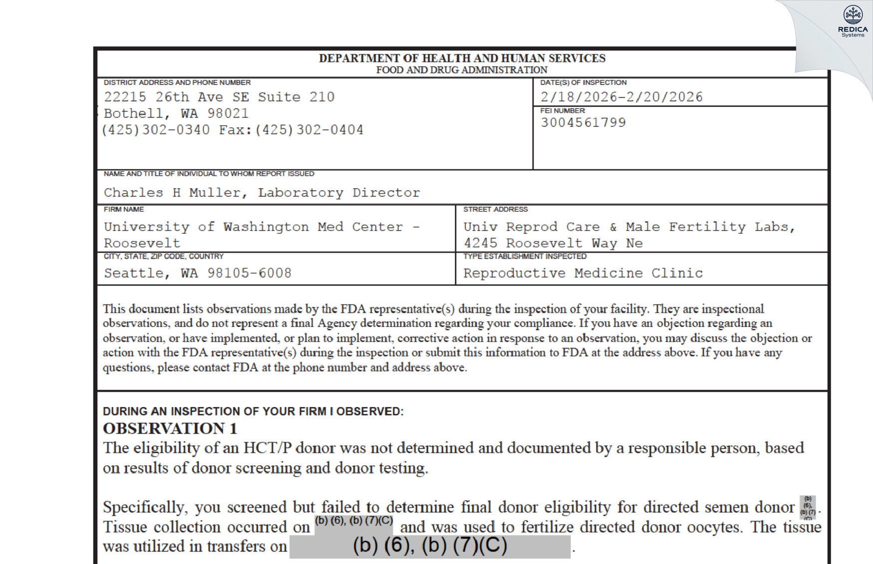 FDA 483 - University of Washington Med Center - Roosevelt [Seattle / United States of America] - Download PDF - Redica Systems