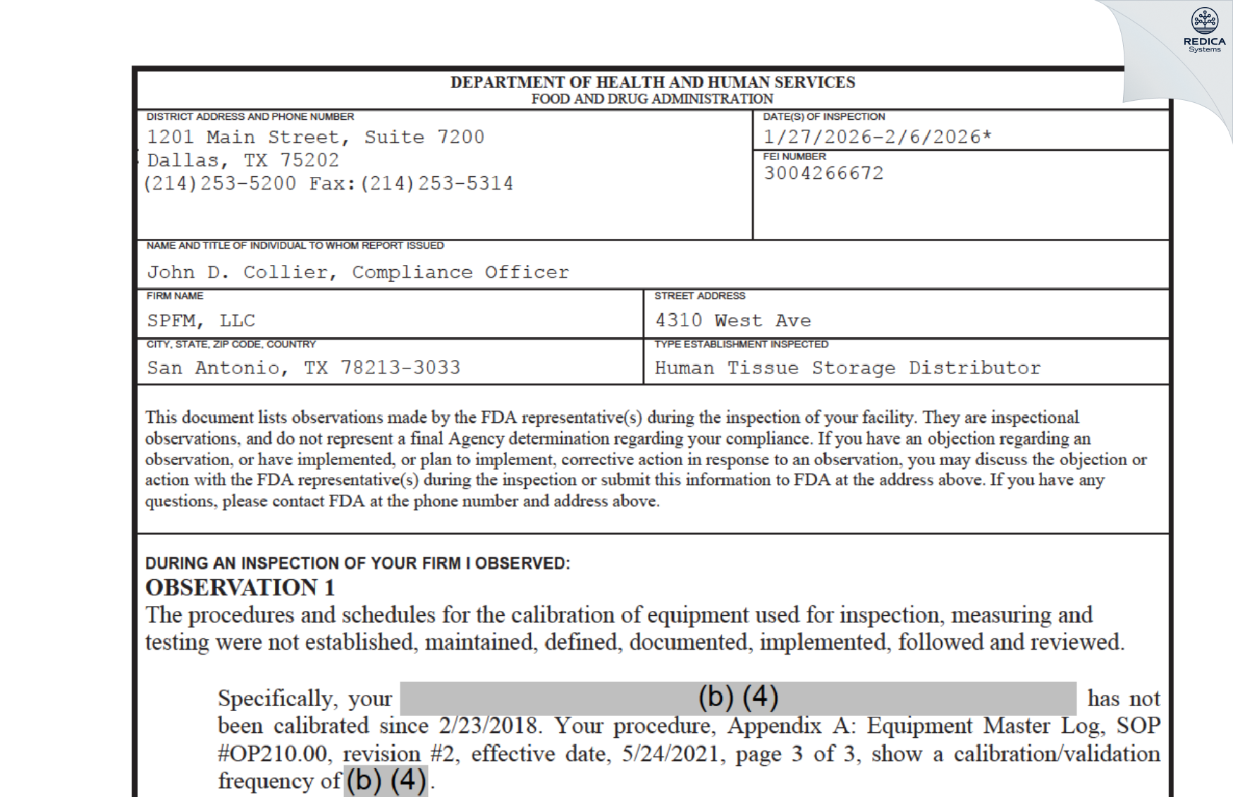 FDA 483 - SPFM, L.P. [San Antonio / United States of America] - Download PDF - Redica Systems
