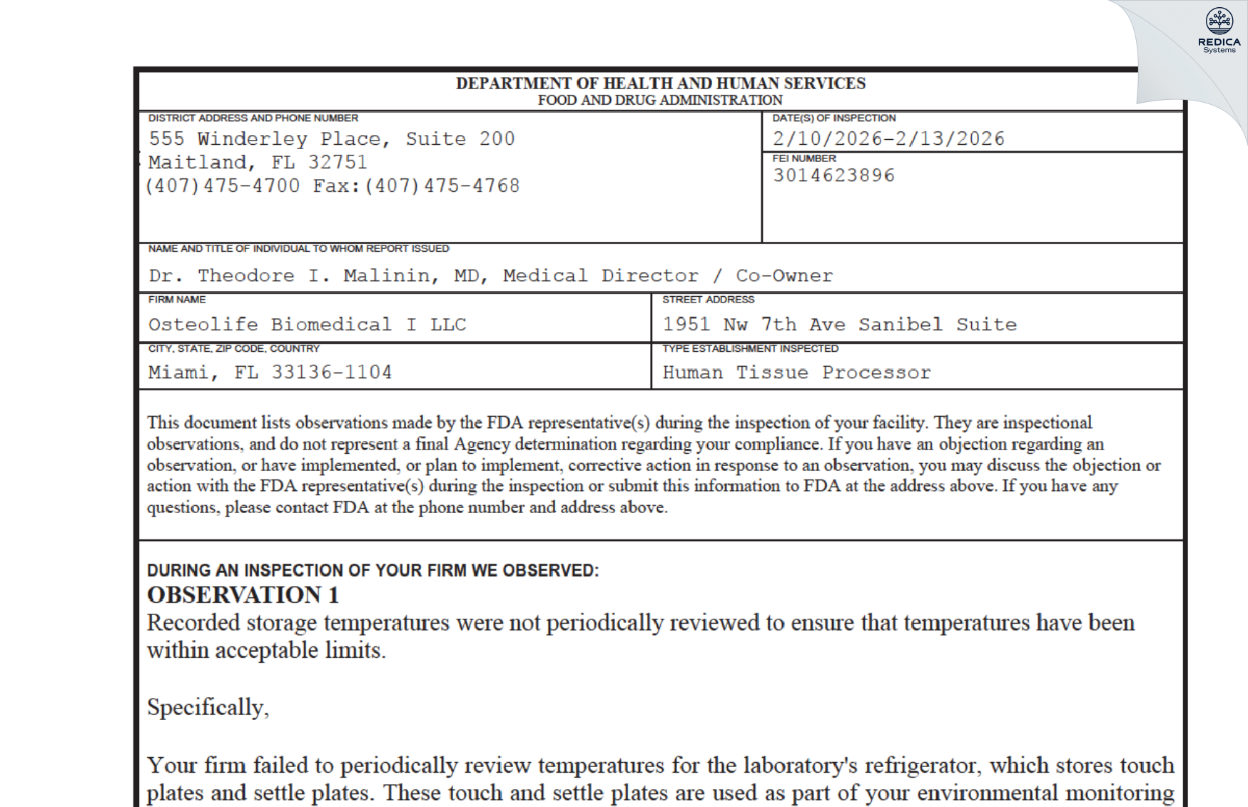 FDA 483 - Osteolife Biomedical I LLC [Miami / United States of America] - Download PDF - Redica Systems