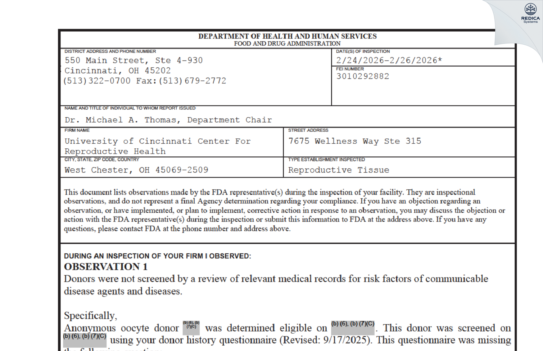 FDA 483 - University of Cincinnati Center For Reproductive Health [West Chester / United States of America] - Download PDF - Redica Systems