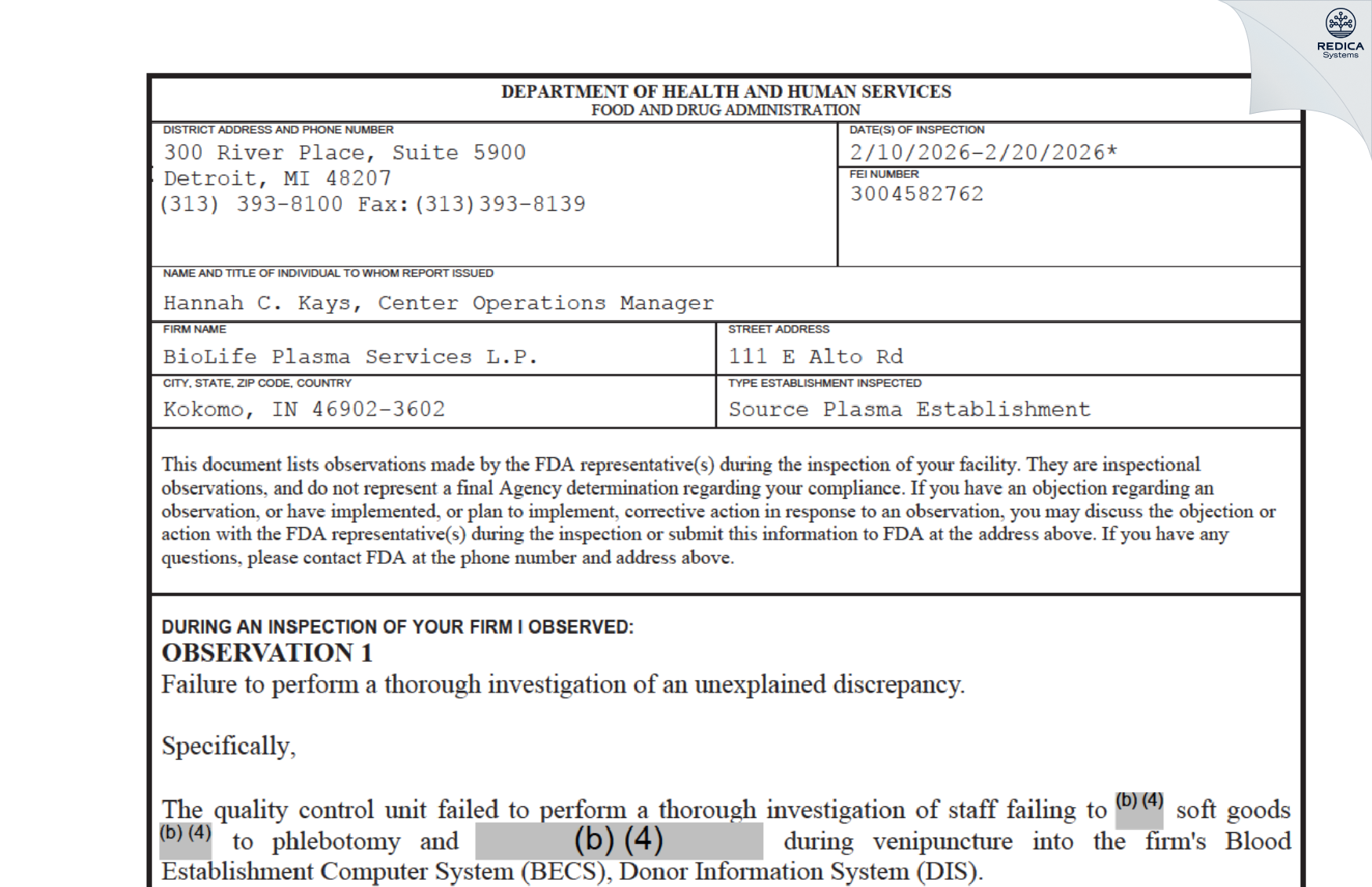 FDA 483 - BioLife Plasma Services L.P. [Kokomo / United States of America] - Download PDF - Redica Systems