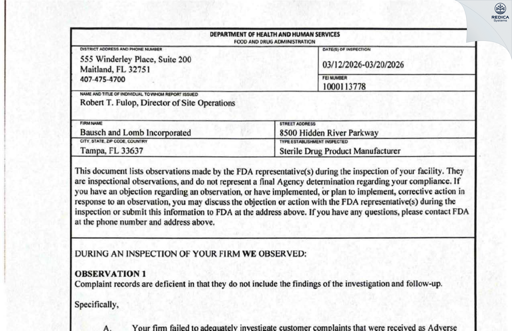 FDA 483 - Bausch & Lomb Incorporated [Tampa / United States of America] - Download PDF - Redica Systems