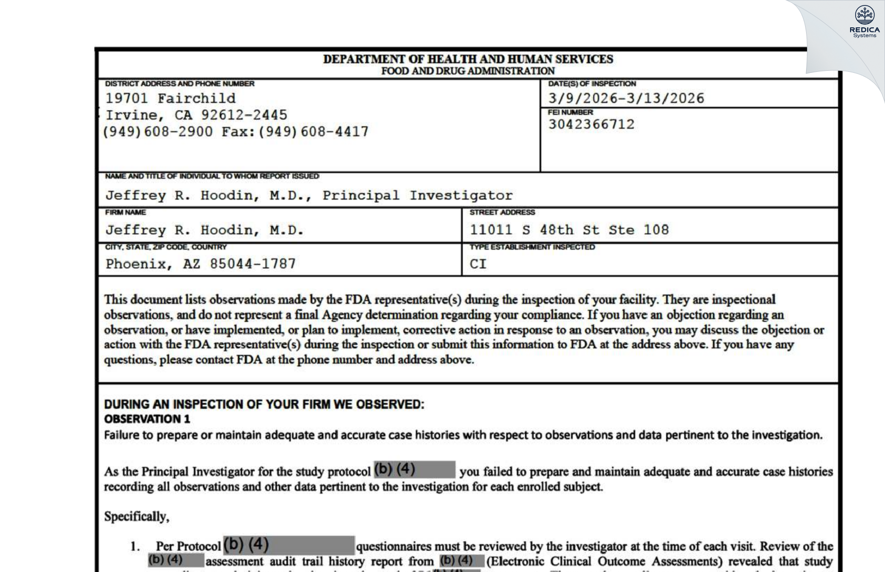 FDA 483 - Jeffrey R. Hoodin, M.D. [Phoenix / United States of America] - Download PDF - Redica Systems