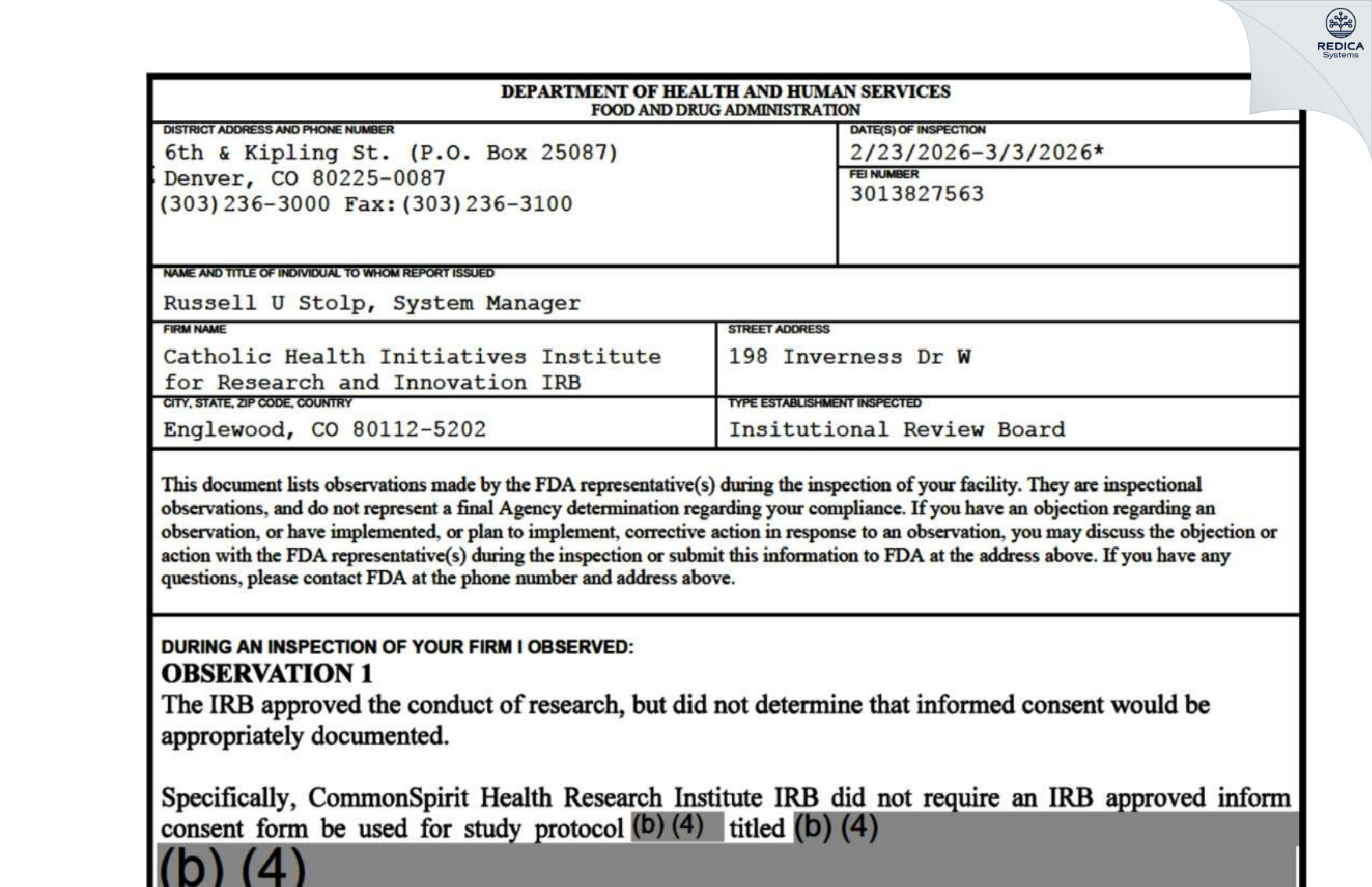 FDA 483 - Catholic Health Initiatives Institute for Research and Innovation IRB [Englewood / United States of America] - Download PDF - Redica Systems