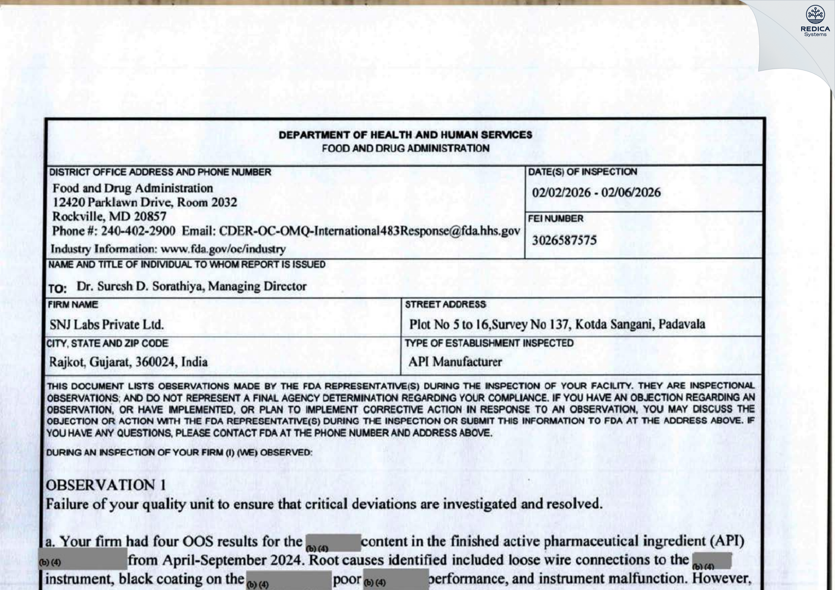 FDA 483 - SNJ Labs Private Ltd. [Kotda Sangani / India] - Download PDF - Redica Systems
