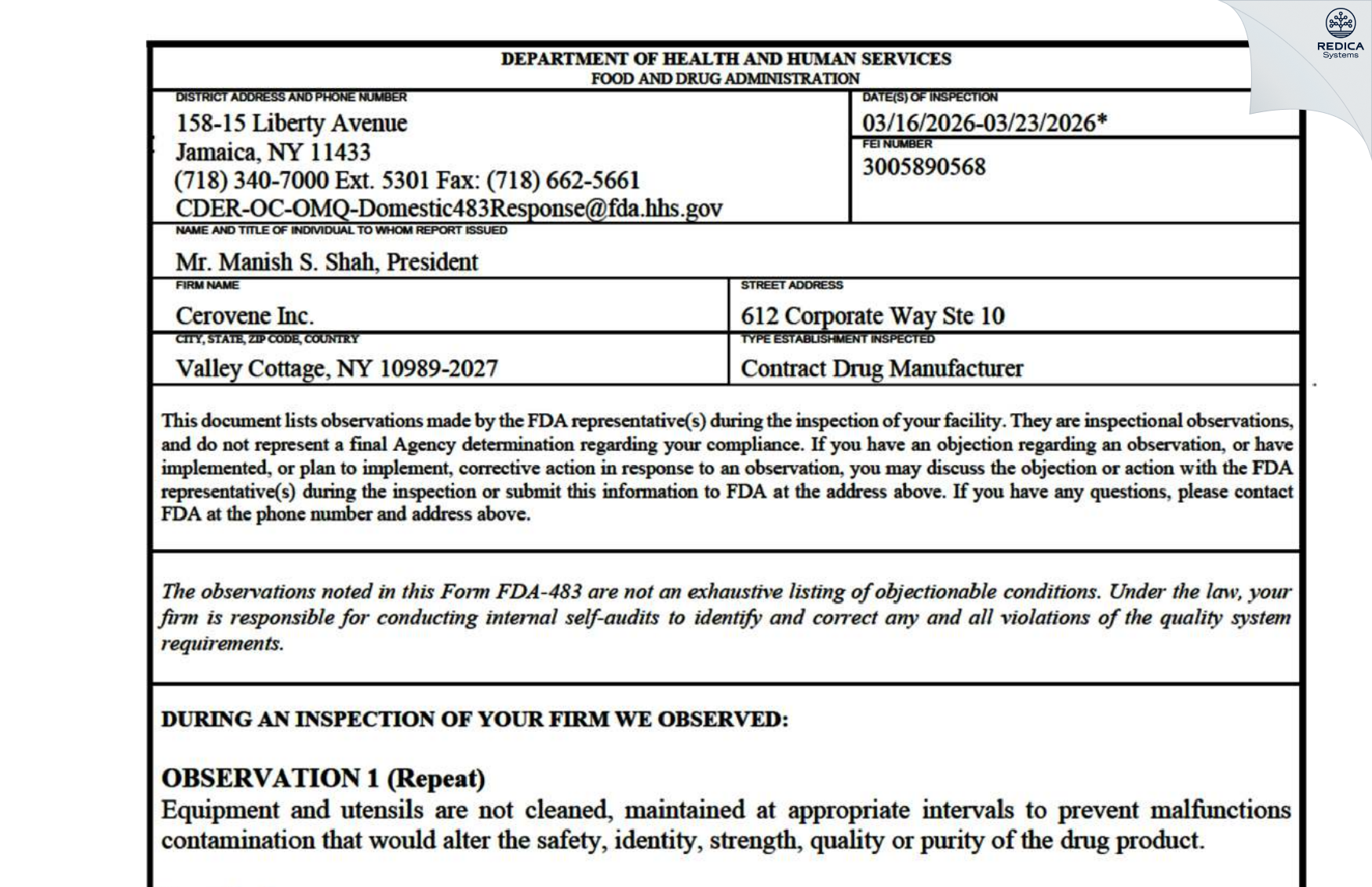 FDA 483 - Cerovene, Inc. [Valley Cottage / United States of America] - Download PDF - Redica Systems