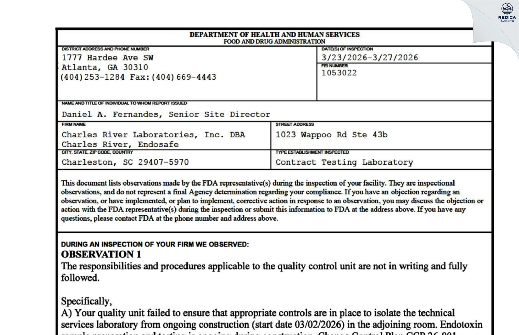 FDA 483 - Charles River Laboratories, Inc. DBA Charles River, Endosafe [Charleston / United States of America] - Download PDF - Redica Systems