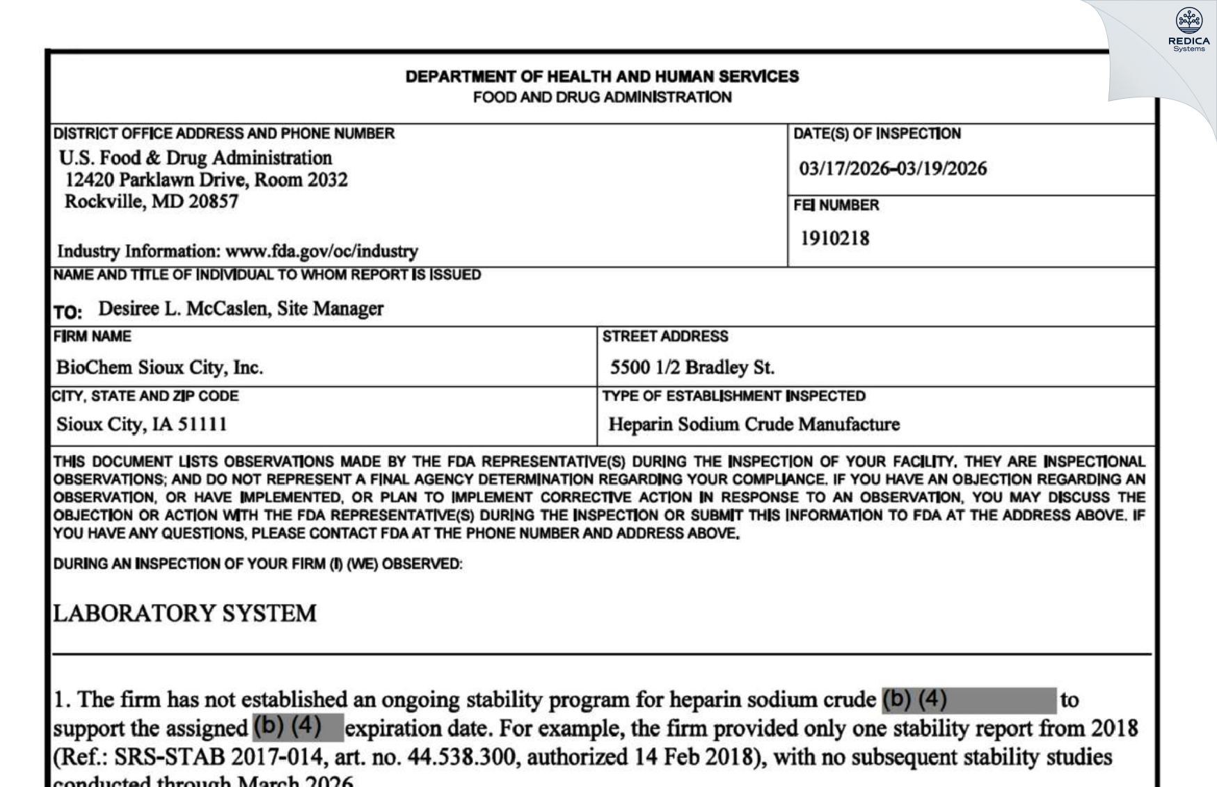 FDA 483 - Aspen API Inc. [Sioux City / United States of America] - Download PDF - Redica Systems