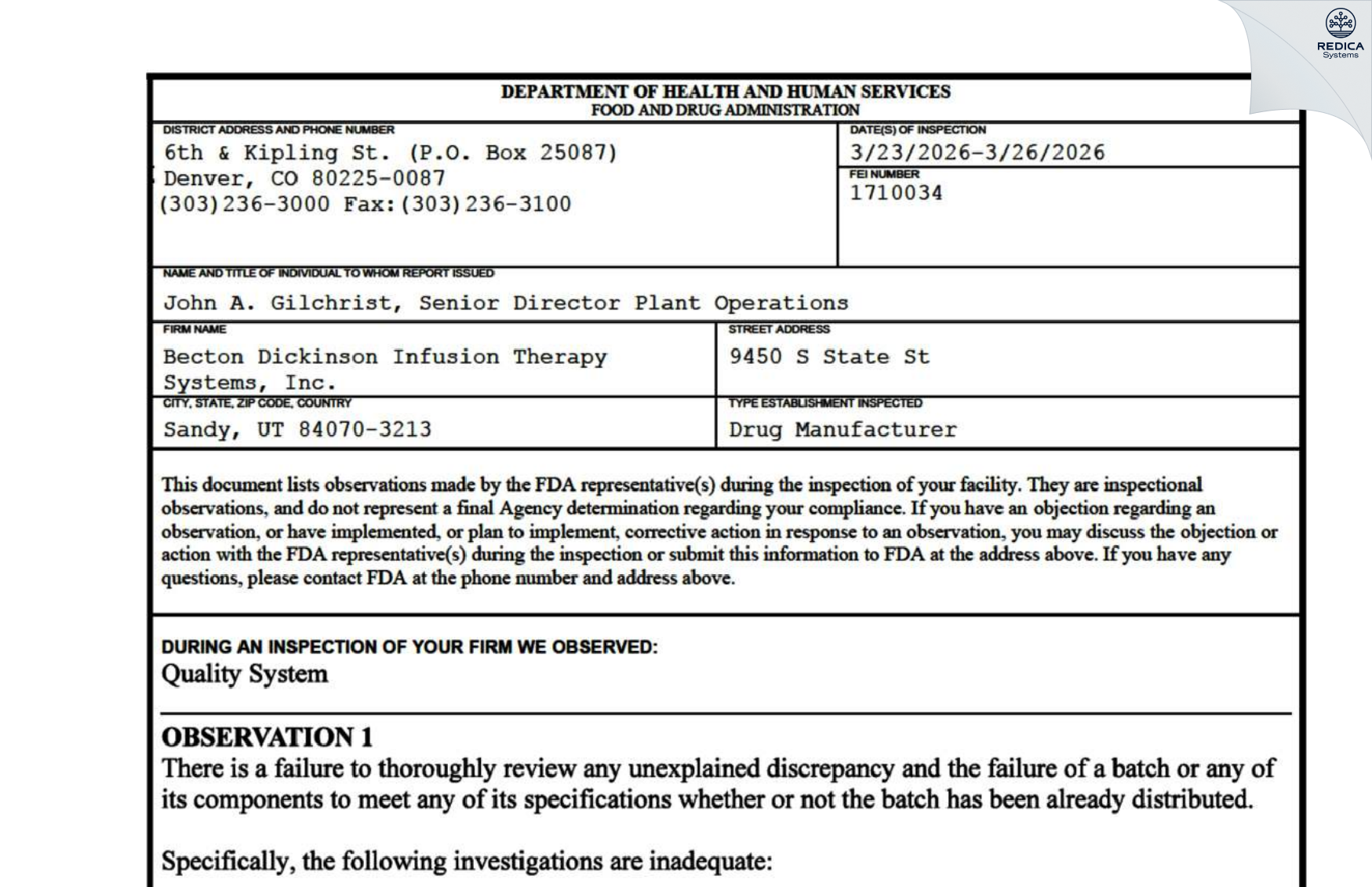 FDA 483 - Becton Dickinson and Company [Sandy / United States of America] - Download PDF - Redica Systems