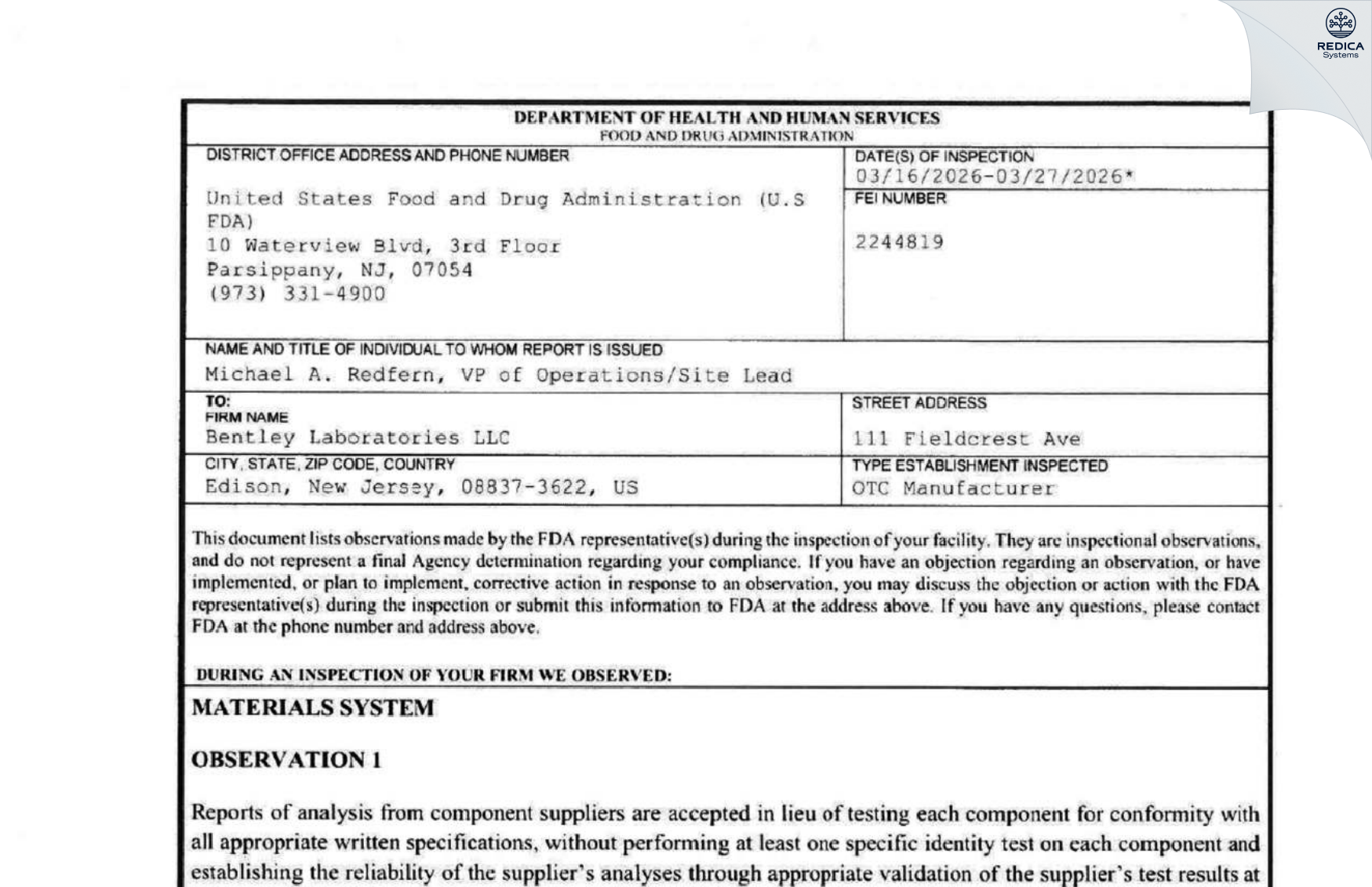 FDA 483 - Bentley Laboratories, LLC [Edison / United States of America] - Download PDF - Redica Systems