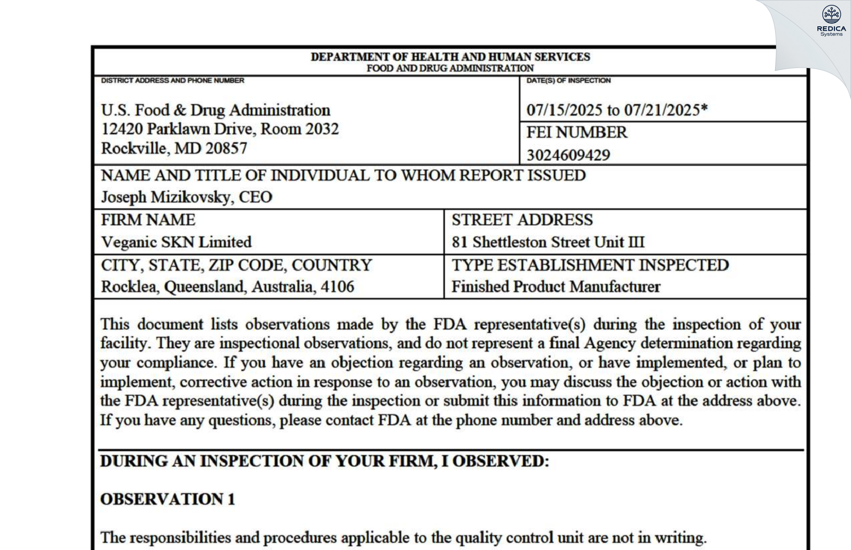 FDA 483 - Veganic SKN Limited [Brisbane / Australia] - Download PDF - Redica Systems