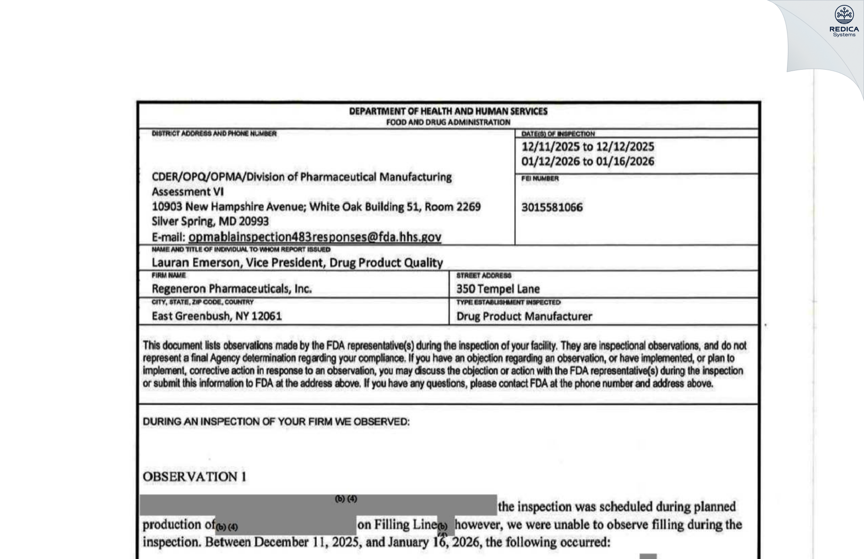FDA 483 - Regeneron Pharmaceuticals, Inc. [Rensselaer / United States of America] - Download PDF - Redica Systems