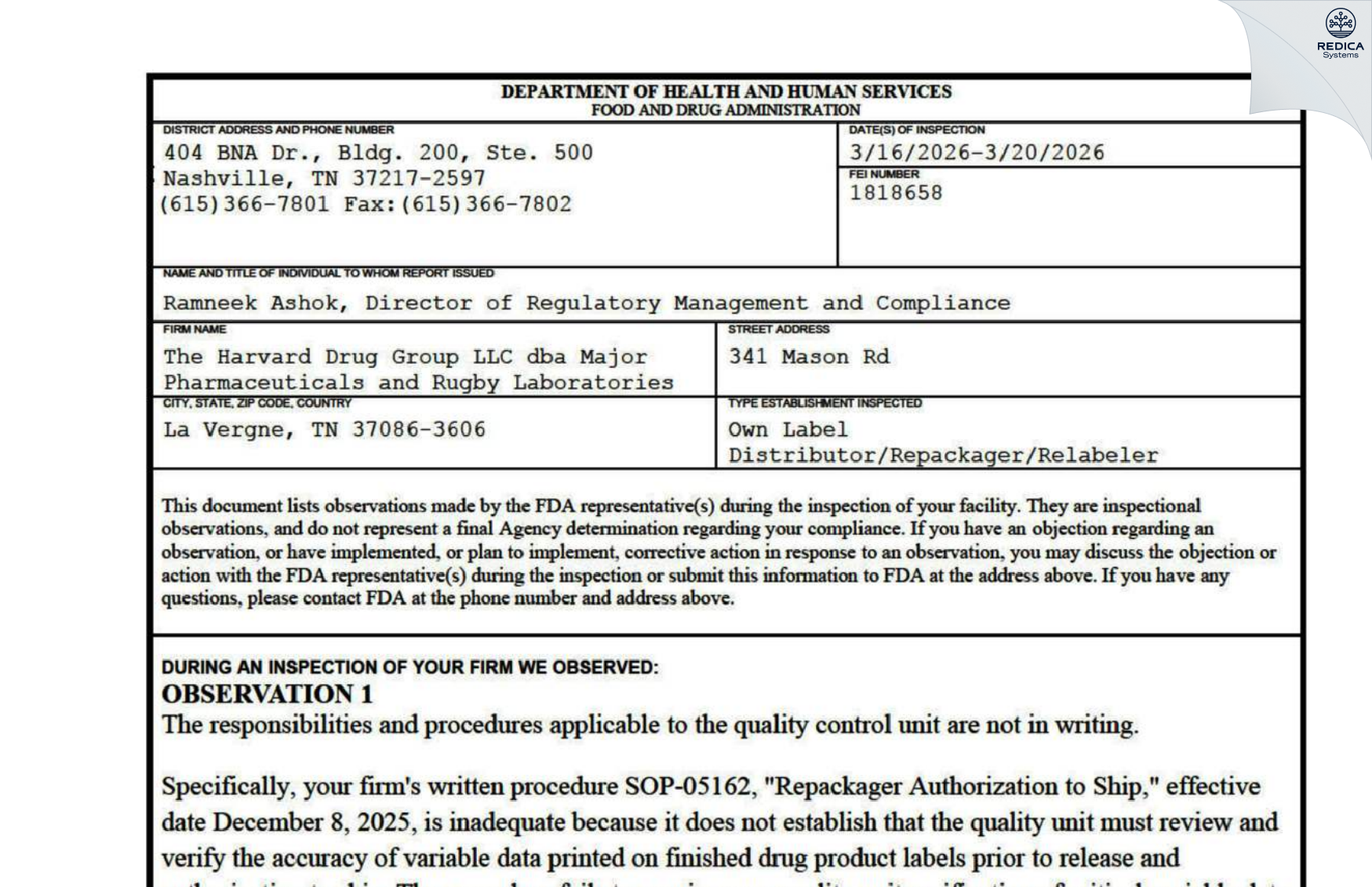 FDA 483 - The Harvard Drug Group [Livonia / United States of America] - Download PDF - Redica Systems