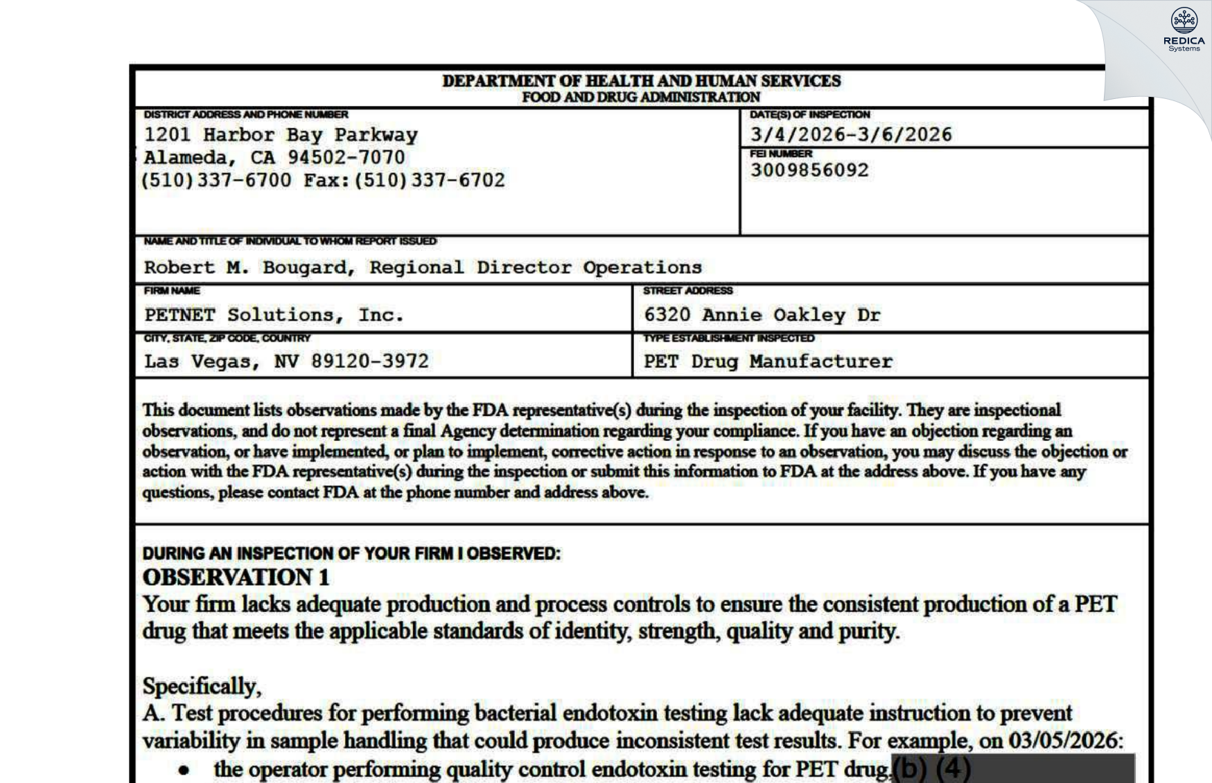 FDA 483 - PETNET SOLUTIONS, INC. [Las Vegas / United States of America] - Download PDF - Redica Systems